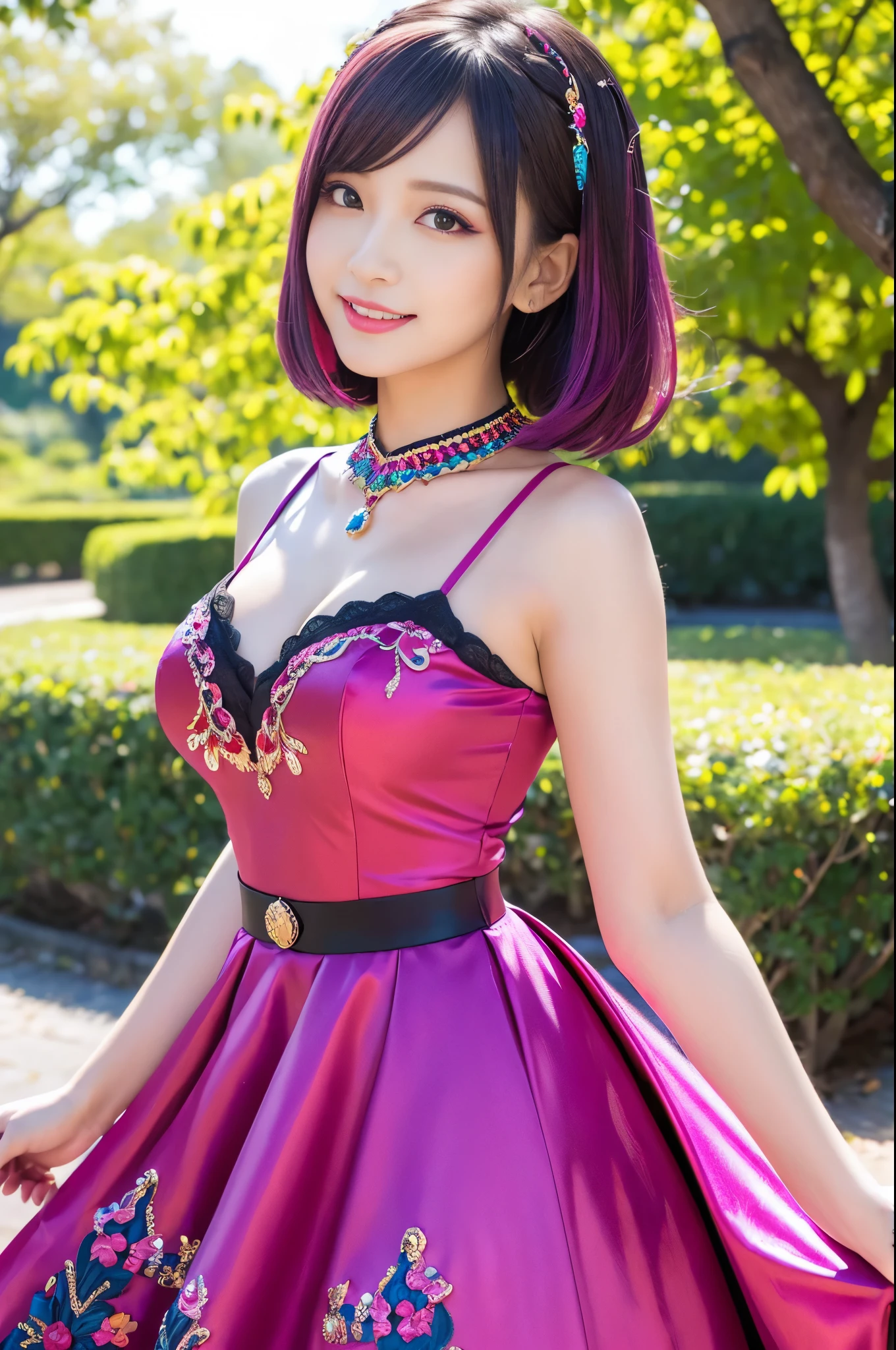 (masterpiece:1.4), (best quality:1.4), ultra high res, ultra high resolution, ((detailed facial features)), HDR, (realistic, photorealistic, photo-realistic:1.37), full body Esbian, sexy Vietnamese model, (-anime), vivid colors, ((vivid colors multicolor (pink, fuchsia, purple) very short hair)), (happy smile), lip-gloss, long lashes, ultra detailed metallic makeup, defined eyebrows, wearing large sparkling colorful jewelery, wearing a red silk Paradise Kiss cosplay dress with black floral embroidery, ((vivid colors outfit)), vivid colors, look at the camera, cinematic light, large park background with trees, sweet and sexy pose