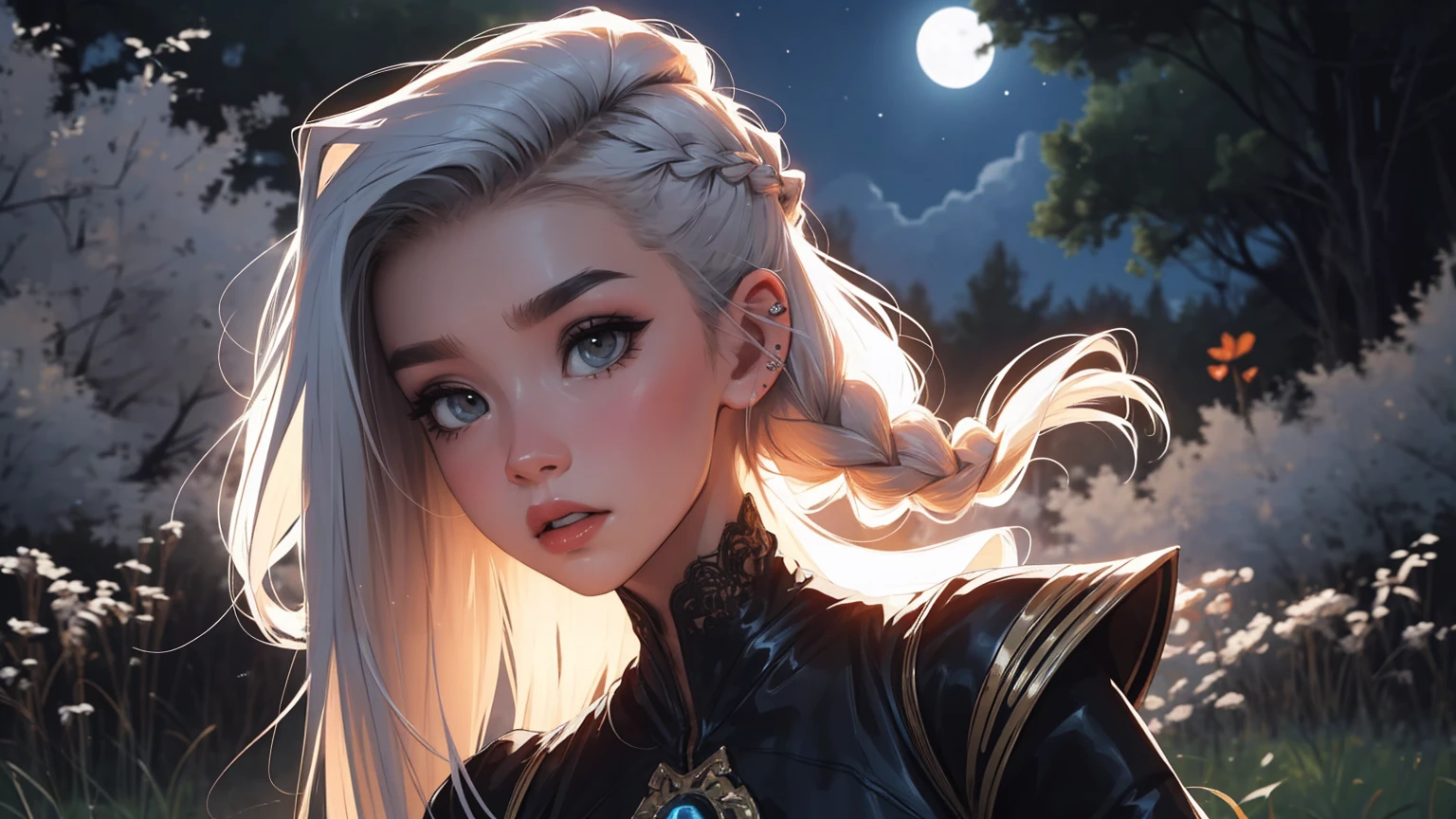 masterpiece, Best quality, 1 girl,((​masterpiece)), (best quality),,(Dark Elf Witch), the face of Zendaya:Dua Lipa, pointy ears, grey skin, white hair, (High Top Fade Haircut), (a braid on one side of the head), ​masterpiece, dark forest in the background, Nebula, in the night time, Full moonlight, 8k, detailed digital art, Piercings., golden ratio composition, cowboy shot, brilliant, brilliant hair, (night:1.2),Dreamy, [[gentle fingers and hands:0.55]::0.85],(detailed fingers),),(emotional),(breathtaking),(main part:1.2) whole body.), (Anime Style), (Super Detailed), (brutal), (uhd, HDR), (8k), (High Resolution: 1.2), (Complex and Beautiful: 1.2)