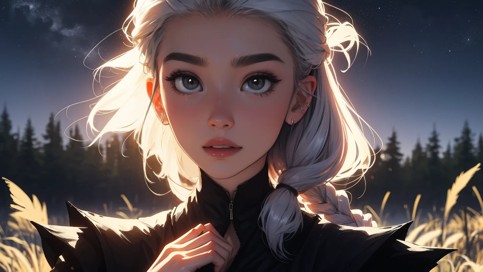 masterpiece, Best quality, 1 girl,((​masterpiece)), (best quality),,(Dark Elf Witch), the face of Zendaya:Dua Lipa, pointy ears, grey skin, white hair, (High Top Fade Haircut), (a braid on one side of the head), ​masterpiece, dark forest in the background, Nebula, in the night time, Full moonlight, 8k, detailed digital art, Piercings., golden ratio composition, cowboy shot, brilliant, brilliant hair, (night:1.2),Dreamy, [[gentle fingers and hands:0.55]::0.85],(detailed fingers),),(emotional),(breathtaking),(main part:1.2) whole body.), (Anime Style), (Super Detailed), (brutal), (uhd, HDR), (8k), (High Resolution: 1.2), (Complex and Beautiful: 1.2)