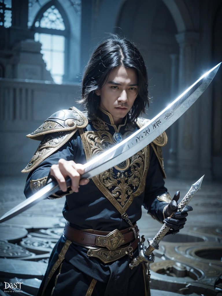 a close up of a man holding a sword in front of a big font, concept art by Victor Wang, Artstation contest winner, fantasy art, the letter w, realistic wallaper, sword and wand – water, official fanart, 4 k detail fantasy, hd anime wallaper, wallpaper 4k, hyperrealistic 4 k, avatar image, 4 k hd wallpaper very detailed, intricate detailed 8k