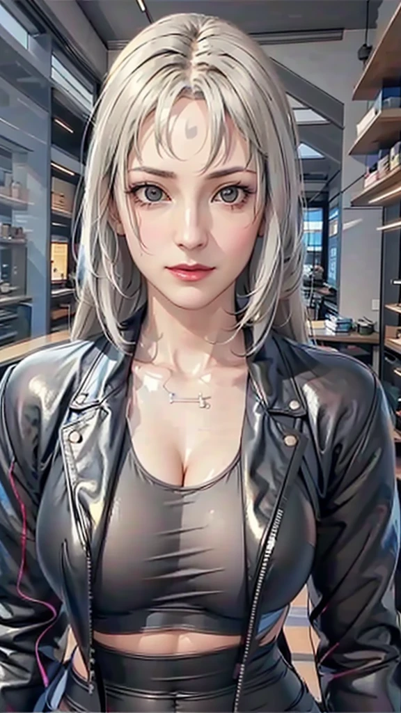 (（（Perfect body,White and tender skin,（（（black leggings，Black leather jacket，Wear a white tube top ））），（（（T5un4D3, Light yellow long hair, blue purple mark on forehead, light yellow thin short eyebrows, bright brown pupils, light red lips）））,((masterpiece)),high resolution, ((Best quality at best)),masterpiece,quality,Best quality,（（（ Exquisite facial features,Looking at the audience,There is light in the eyes,Smile）））,）））,（（（Light and shadow,Huge breasts，）））,（（（Looking at the camera,black background,)））),