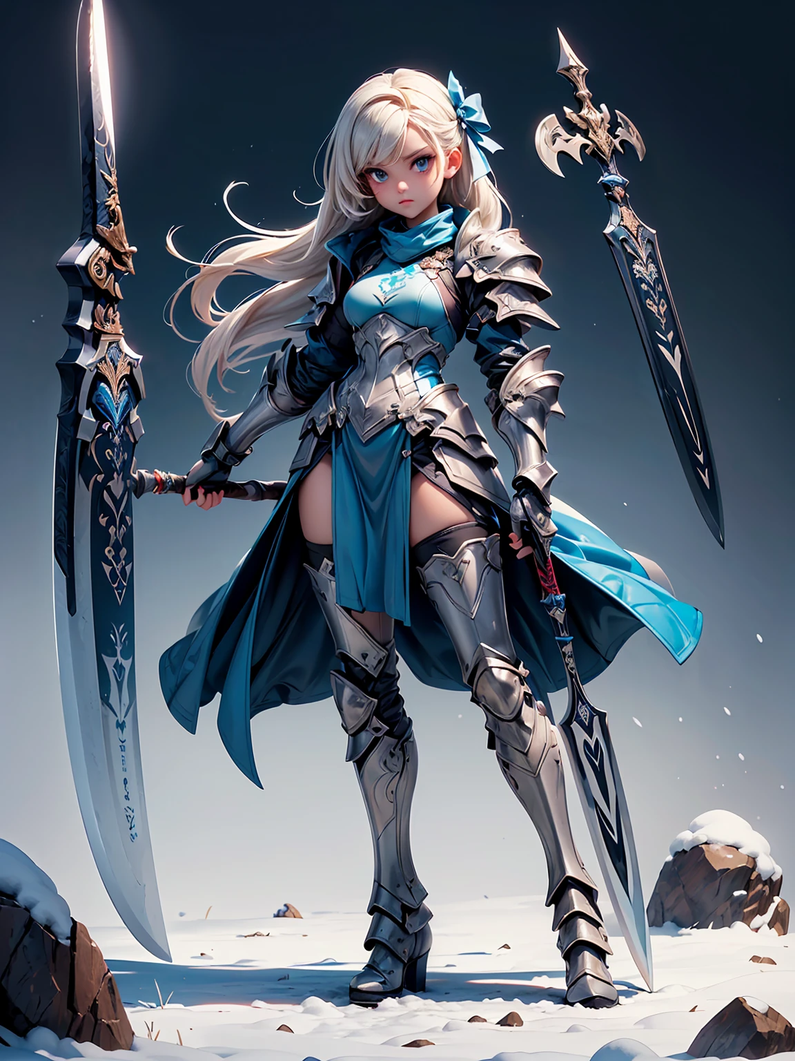 (((masterpiece, best quality, high detailed, 8k))) Design a layout showcase Gaming character, (1girl). Blue|Silver clothes, stylish and unique. ((showcase weapon:1.4)), bow and arrows. (masterpiece:1.2), (best quality), 4k, ultra-detailed. (Step by step design, layout art:1.5), (luminous lighting, atmospheric lighting). archer, ((glove full hands)), (((revealing clothes:1.3))), vambraces, armored legwear, (((full_body_shot:1.4))). {On a snowy mountain}.