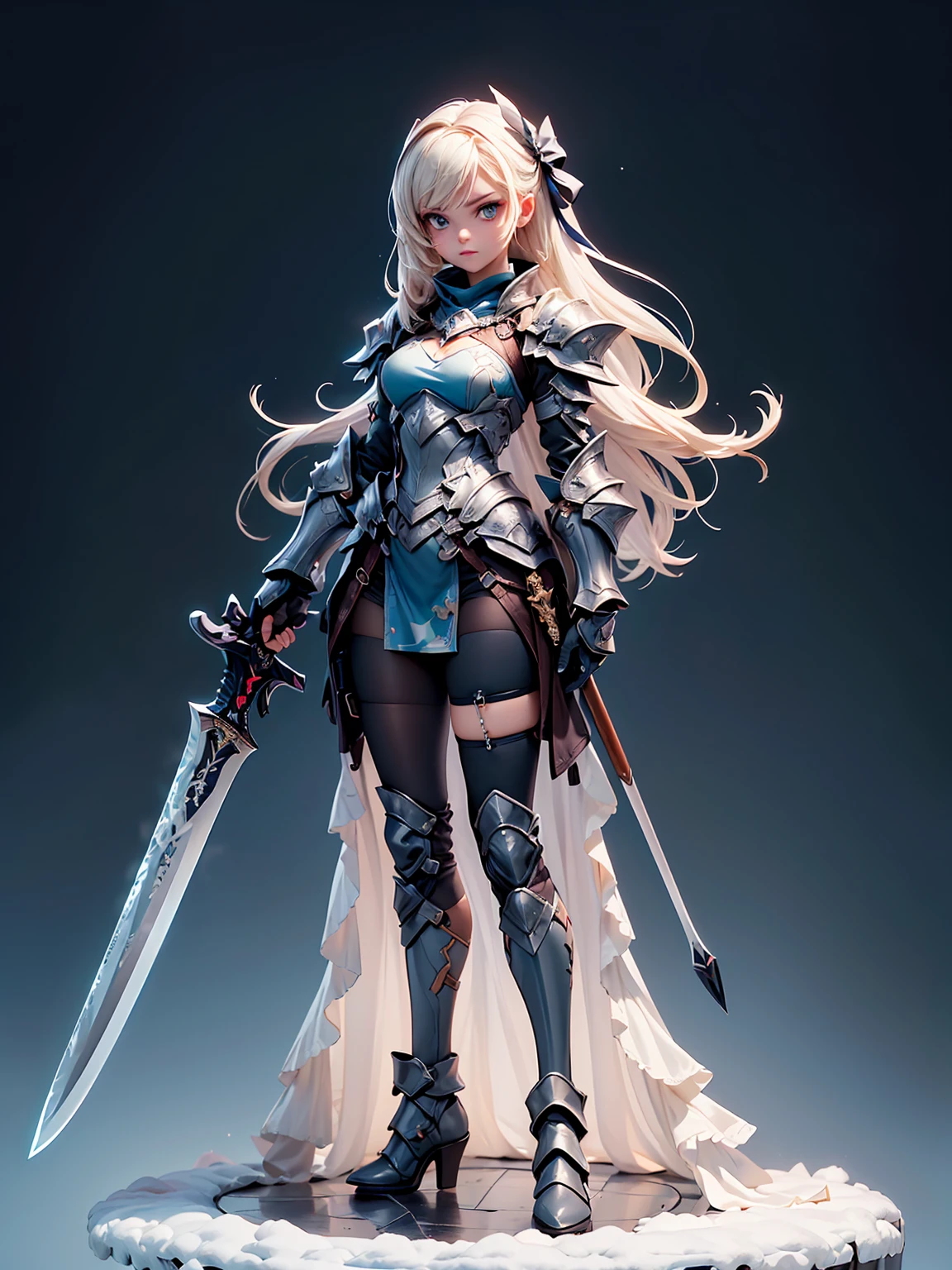 (((masterpiece, best quality, high detailed, 8k))) Design a layout showcase Gaming character, (1girl). Blue|Silver clothes, stylish and unique. ((showcase weapon:1.4)), bow and arrows. (masterpiece:1.2), (best quality), 4k, ultra-detailed. (Step by step design, layout art:1.5), (luminous lighting, atmospheric lighting). archer, ((glove full hands)), (((revealing clothes:1.3))), vambraces, armored legwear, (((full_body_shot:1.4))). {On a snowy mountain}.