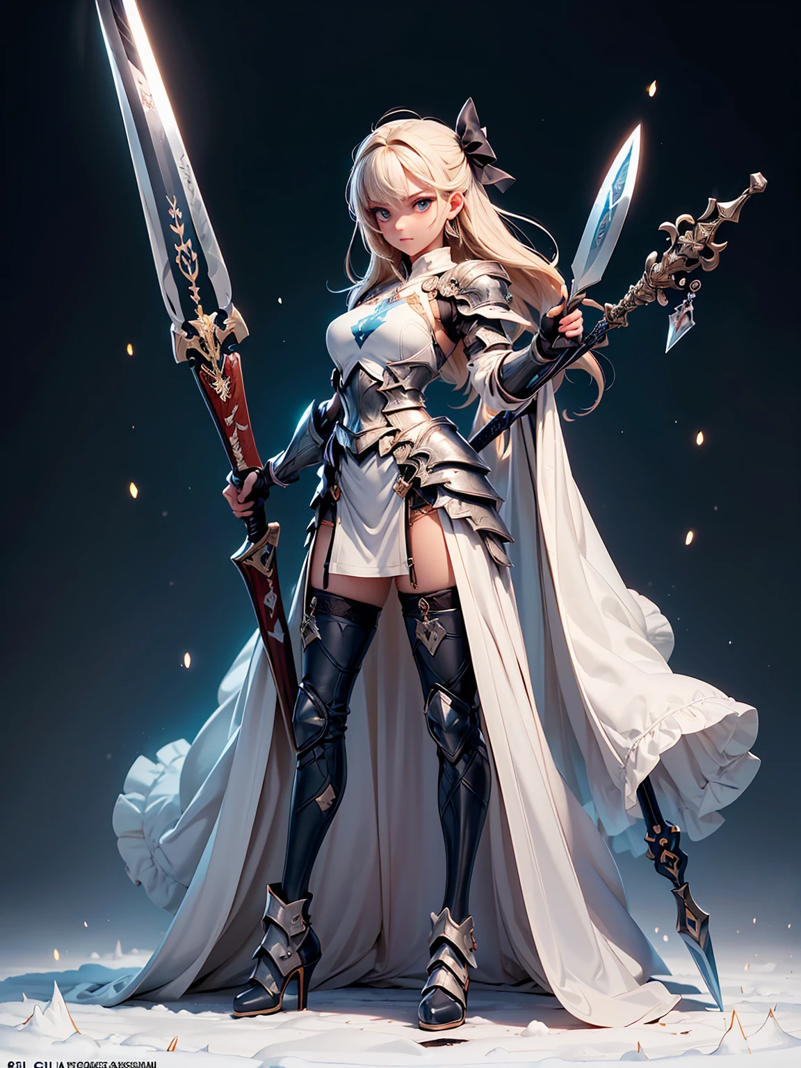 (((masterpiece, best quality, high detailed, 8k))) Design a layout showcase Gaming character, (1girl). Blue|Silver clothes, stylish and unique. ((showcase weapon:1.4)), bow and arrows. (masterpiece:1.2), (best quality), 4k, ultra-detailed. (Step by step design, layout art:1.5), (luminous lighting, atmospheric lighting). archer, ((glove full hands)), (((revealing clothes:1.3))), vambraces, armored legwear, (((full_body_shot:1.4))). {On a snowy mountain}.
