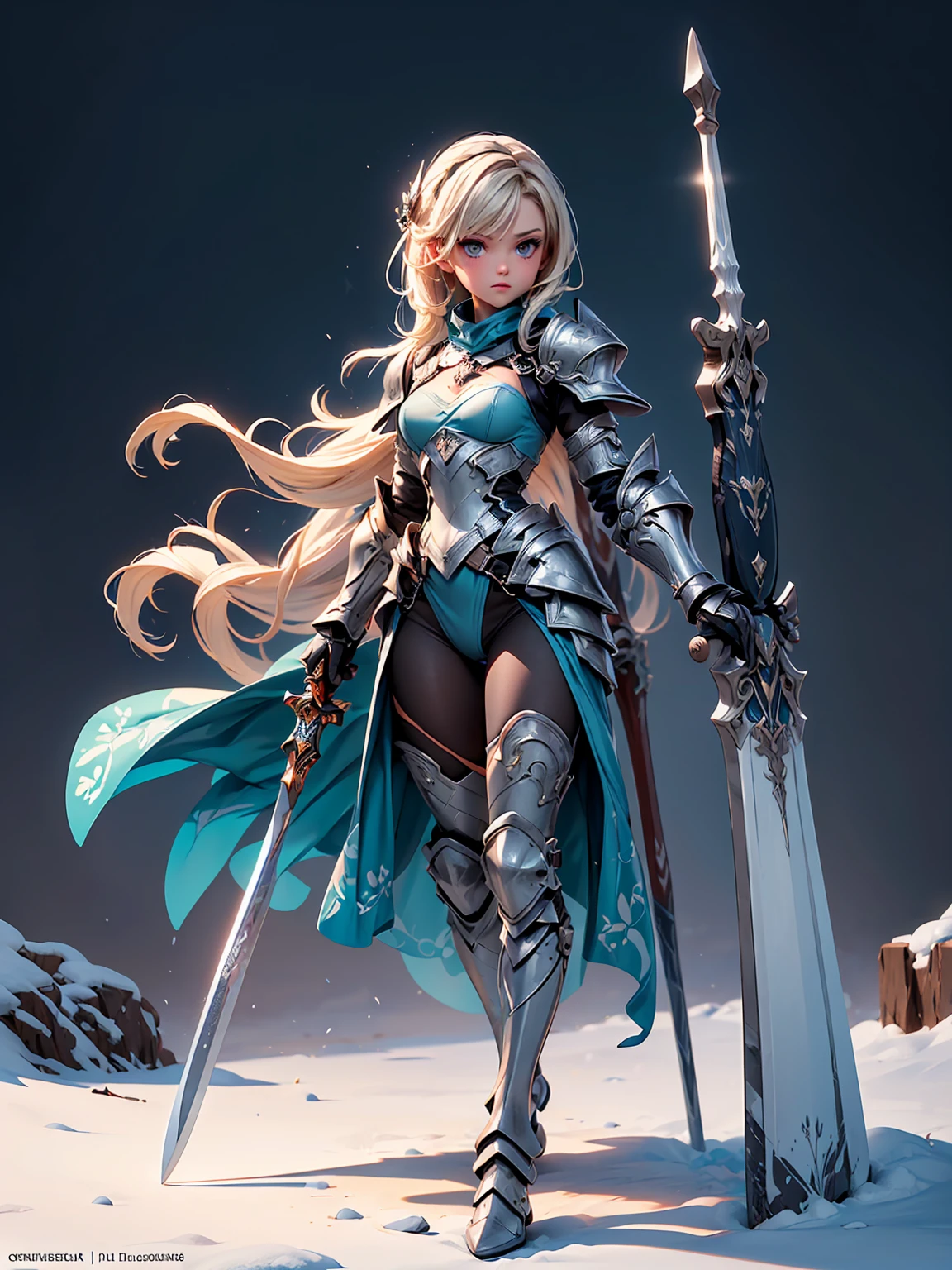 (((masterpiece, best quality, high detailed, 8k))) Design a layout showcase Gaming character, (1girl). Blue|Silver clothes, stylish and unique. ((showcase weapon:1.4)), bow and arrows. (masterpiece:1.2), (best quality), 4k, ultra-detailed. (Step by step design, layout art:1.5), (luminous lighting, atmospheric lighting). archer, ((glove full hands)), (((revealing clothes:1.3))), vambraces, armored legwear, (((full_body_shot:1.4))). {On a snowy mountain}.