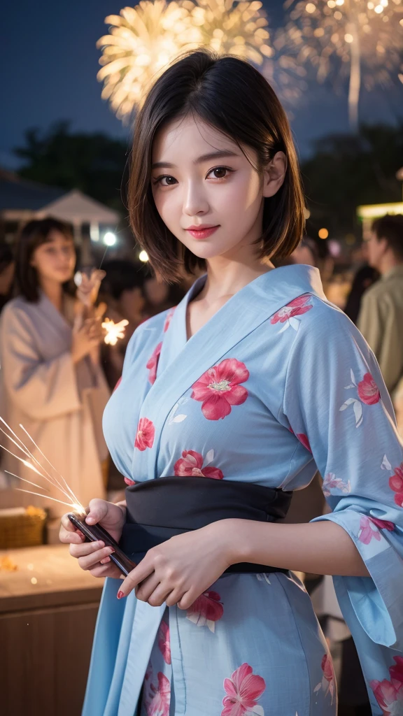 Highest quality(4K)、Realistic、Like the picture、One woman、cute、Beautiful woman、Delicate body type、20-year-old、Luxurious floral yukata、Black Hair、Shortcuts、Summer festival、night、Fireworks display、Watch the fireworks