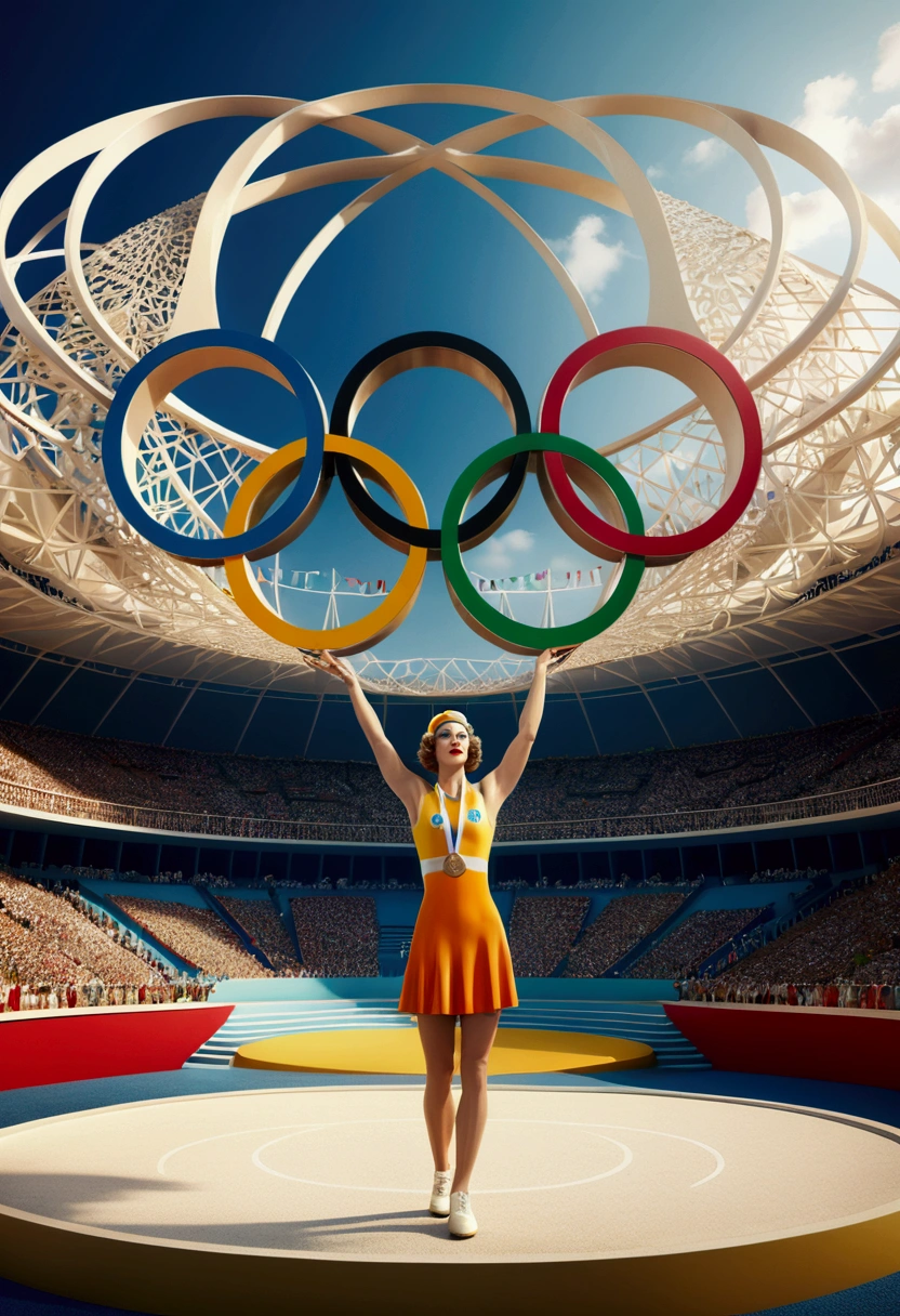 (Olympic Games), Olympic rings on Olympic venue, athletes, in the style of 30s, retro fashion, full body, award-winning, cinematic still, emotional, vignette, dynamic, vivid, (masterpiece, best quality, photorealistic, Professional, perfect composition, very aesthetic, absurdres, ultra-detailed, intricate details:1.3)