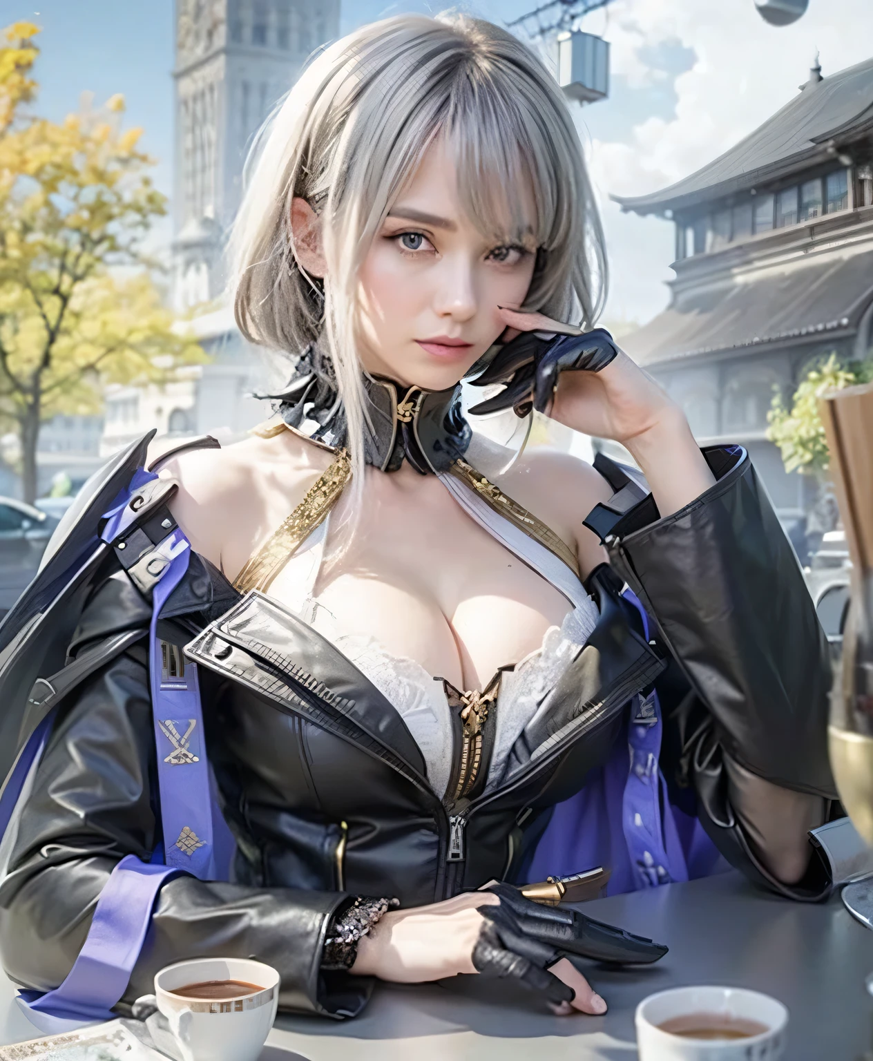 Women, golden eyes, grey hair, black suit, realistic