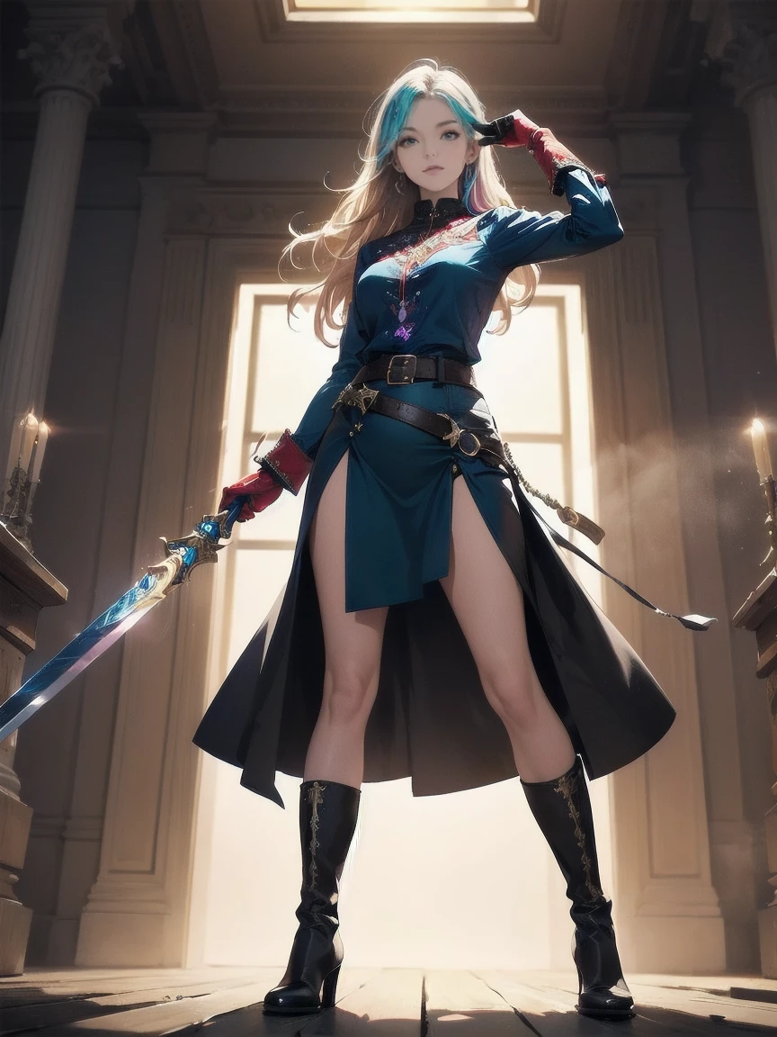 20-year-old girl, long blonde hair, blue eyes, angry expression, long dark blue skirt with gold embroidery at the hem, old-fashioned blue blouse with long fitted sleeves, adorned with red details, red leather gloves that reach her elbows, dark brown leather boots that reach mid-calf, leather belt adorned with a golden buckle and red details, her weapon is a huge greatsword with a gold and red decorated handle, hanging on her back in an ornate sheath, 8k, high quality, full body, (ultra-realistic), {extremely detailed 8k CG unit wallpaper}, expansive landscape photograph, (a view from below showing the grandeur of the character, wide open field view), (light: 2.0), (warm light source: 1.5), complex details, (iridescent colors: 1.5), (bright lighting), (atmospheric lighting), surreal, impressive, fantasy, (Solo: 1.2)