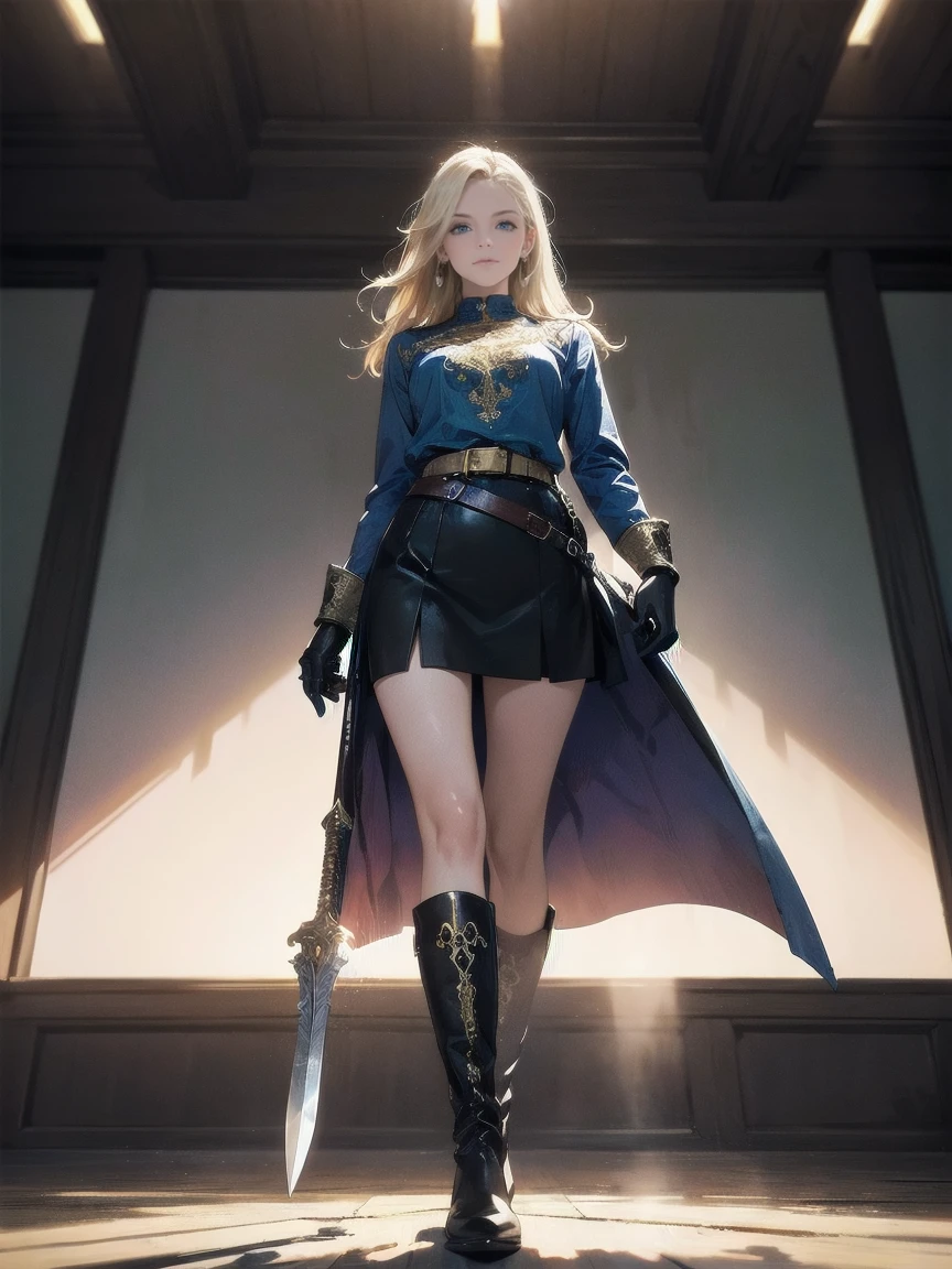 20-year-old girl, long blonde hair, blue eyes, angry expression, long dark blue skirt with gold embroidery at the hem, old-fashioned blue blouse with long fitted sleeves, adorned with red details, red leather gloves that reach her elbows, dark brown leather boots that reach mid-calf, leather belt adorned with a golden buckle and red details, her weapon is a huge greatsword with a gold and red decorated handle, hanging on her back in an ornate sheath, 8k, high quality, full body, (ultra-realistic), {extremely detailed 8k CG unit wallpaper}, expansive landscape photograph, (a view from below showing the grandeur of the character, wide open field view), (light: 2.0), (warm light source: 1.5), complex details, (iridescent colors: 1.5), (bright lighting), (atmospheric lighting), surreal, impressive, fantasy, (Solo: 1.2)