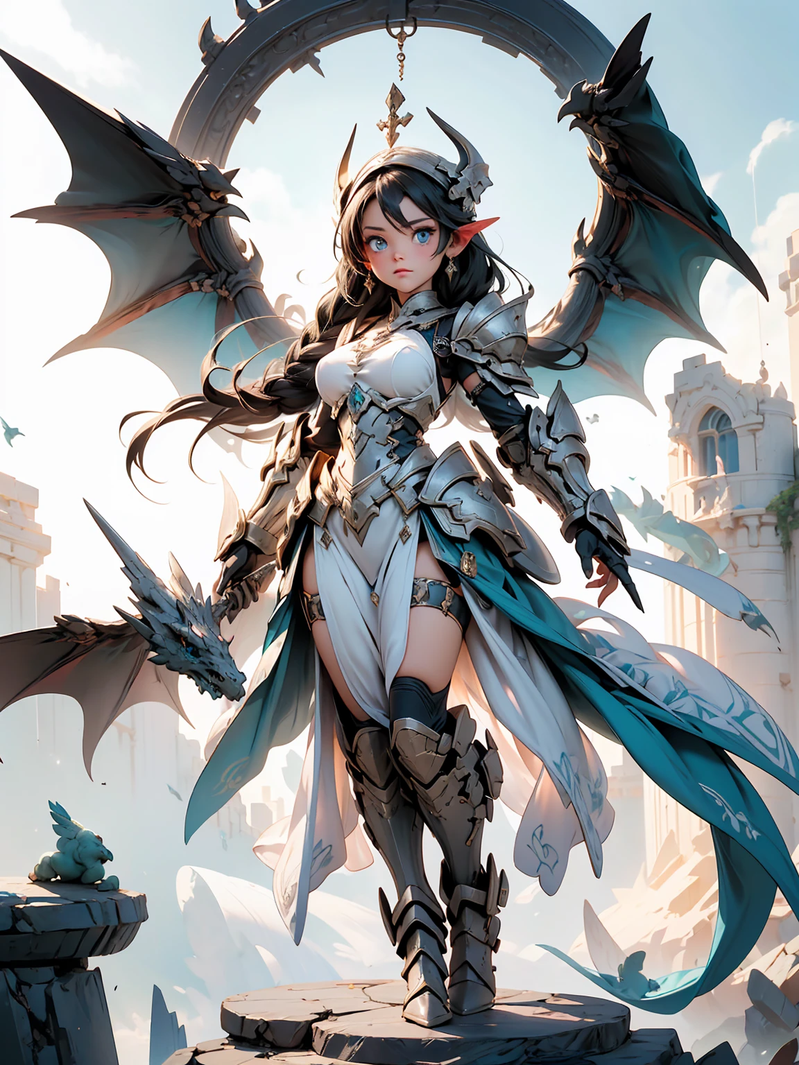 (((masterpiece))) (((best quality)))(((16k)))Full body shot of a fearless paladin with unparalleled beauty, featuring long, dark hair and striking blue eyes. She wears intricately designed draconic armor that glimmers with a mystical aura. Her armor is adorned with dragon scales and ornate patterns, giving it both an imposing and elegant appearance. In her hand, she wields a magnificent sword, the blade shimmering with a divine light, etched with runes of power. She stands in a majestic, celestial landscape, with radiant light filtering through the clouds, casting a holy glow upon her. The ground beneath her is a mix of ancient stones and sacred symbols, glowing softly as if infused with holy energy. Surrounding her are ethereal figures in shades of gold and white, their presence adding to the divine ambiance. The background features towering, ancient ruins and magnificent, skyward-reaching structures, hinting at a grand, heavenly stronghold. The scene is inspiring and powerful, with her face showing a serene yet determined expression, her eyes locked onto her noble mission.

[Best quality], [Masterpiece], [Ultra-detailed], [4k], {inspiring|majestic} atmosphere, celestial landscape, {dynamic pose|noble stance}, radiant illumination, {soft shadows|divine lighting}, {glowing ancient stones:0.7}, {ethereal figures:0.6}, {heavenly architecture:0.5}, {towering ruins:0.4}, {skyward-reaching structures:0.3}.