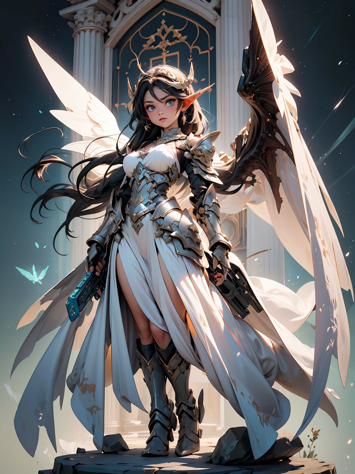 (((masterpiece))) (((best quality)))(((16k)))Full body shot of a fearless paladin with unparalleled beauty, featuring long, dark hair and striking blue eyes. She wears intricately designed draconic armor that glimmers with a mystical aura. Her armor is adorned with dragon scales and ornate patterns, giving it both an imposing and elegant appearance. In her hand, she wields a magnificent sword, the blade shimmering with a divine light, etched with runes of power. She stands in a majestic, celestial landscape, with radiant light filtering through the clouds, casting a holy glow upon her. The ground beneath her is a mix of ancient stones and sacred symbols, glowing softly as if infused with holy energy. Surrounding her are ethereal figures in shades of gold and white, their presence adding to the divine ambiance. The background features towering, ancient ruins and magnificent, skyward-reaching structures, hinting at a grand, heavenly stronghold. The scene is inspiring and powerful, with her face showing a serene yet determined expression, her eyes locked onto her noble mission.

[Best quality], [Masterpiece], [Ultra-detailed], [4k], {inspiring|majestic} atmosphere, celestial landscape, {dynamic pose|noble stance}, radiant illumination, {soft shadows|divine lighting}, {glowing ancient stones:0.7}, {ethereal figures:0.6}, {heavenly architecture:0.5}, {towering ruins:0.4}, {skyward-reaching structures:0.3}.