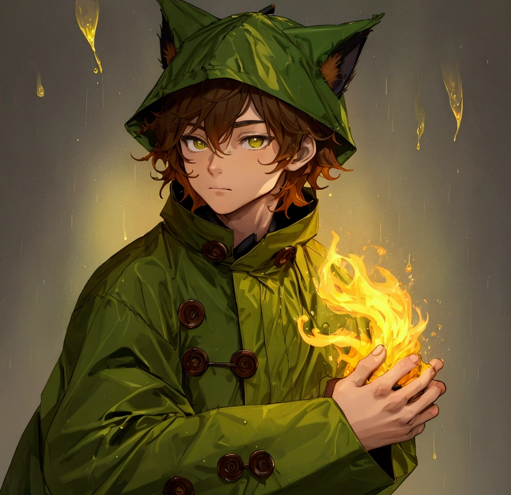 cute green yellow fire leaves fox boy forest ((brown raincoat))((one man))