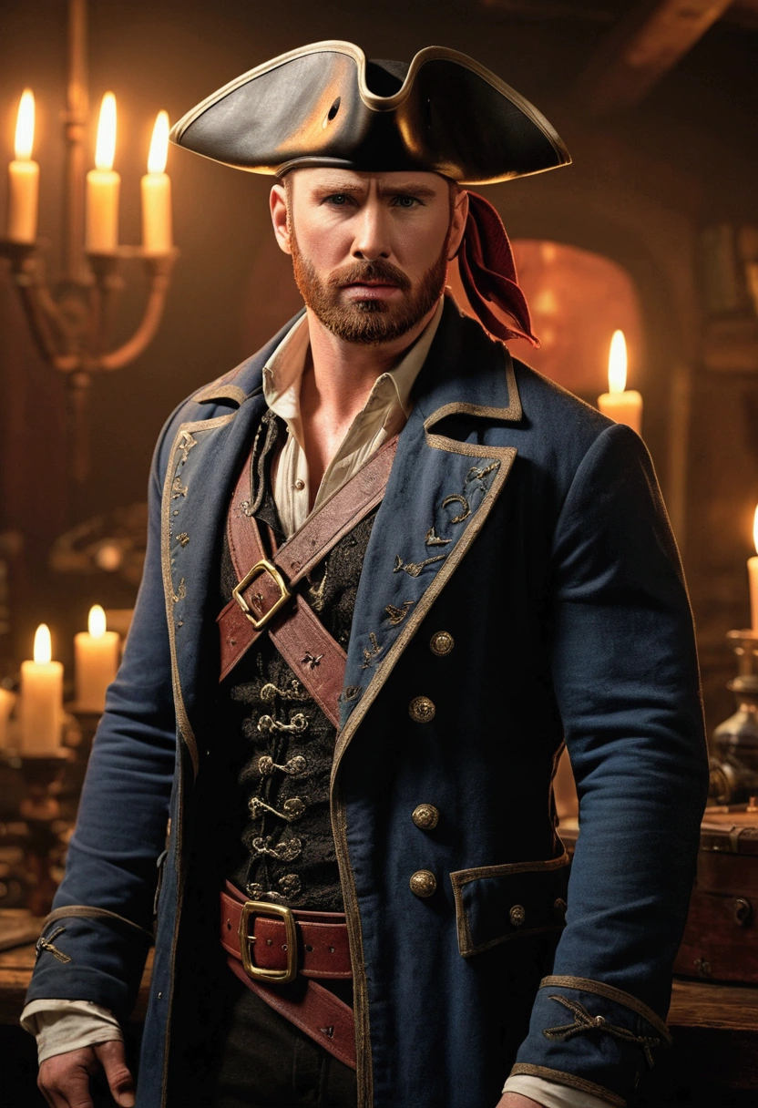 Create an ultra-realistic and textured photograph of Chris Evans portrayed as a mafia pirate captain, in a full-length setting. He should be wearing a detailed leather pirate costume, complete with a stylish pirate hat. The setting should be the interior of a captain's quarters on a pirate ship, lit by warm candlelight that creates an immersive, nocturnal atmosphere. The image should capture the model's natural skin with a high amount of detail, including visible pores and blemishes, for a very detailed and realistic skin texture (natural human skin with visible pores and blemishes, very detailed and disorganized skin: 1.2). The eyes should be particularly detailed and accurate (detailed and accurate eyes: 1.0), reflecting an intense and convincing gaze. Use soft, warm lighting to highlight the details of the costume and the surrounding environment, creating a striking contrast between the candlelight and the darkness of the night. The composition should convey the imposing presence and mafia style of the pirate captain, with an extreme level of realism and texture.Make sure every aspect is meticulously detailed (1.2), from your exquisitely drawn face (1.2) to the vibrant gradients and tones that bring the scene to life. His eyes, full of depth and detail (1.2), should draw the viewer in, against a richly detailed background and landscape. Employ a dynamic angle (1.2) and pose (1.2), adhering to the rule of thirds (1.3) and incorporating a strong line of action (1.2) for an eye-catching composition.The photo should capture a wide view, bathed in light, highlighting your solitary, seductive presence and your exposed skin. Render this scene in 8K resolution with HDR.