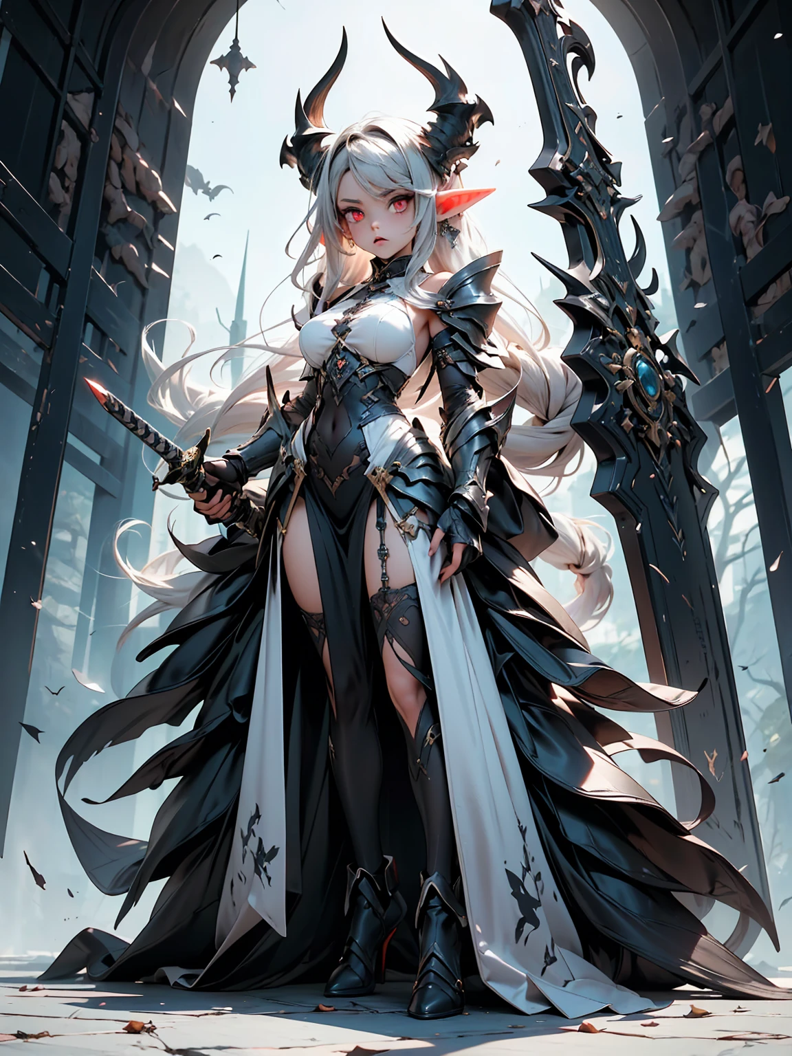 A stunning artwork of a fierce demonic elf standing in a cursed forest. The full-body view showcases her in dark armor, exuding an aura of malevolent grace and unyielding power. Her long, flowing dark gray hair frames a face of eerie beauty, highlighted by red eyes that glow with otherworldly menace. She holds a cursed sword, intricately designed and radiating dark energy, adding to her formidable presence. The scenery around her is a twisted, shadowy forest with gnarled trees and glowing red eyes peering from the darkness. Mist and sinister shadows enhance the ominous atmosphere, creating a scene of haunting dread.