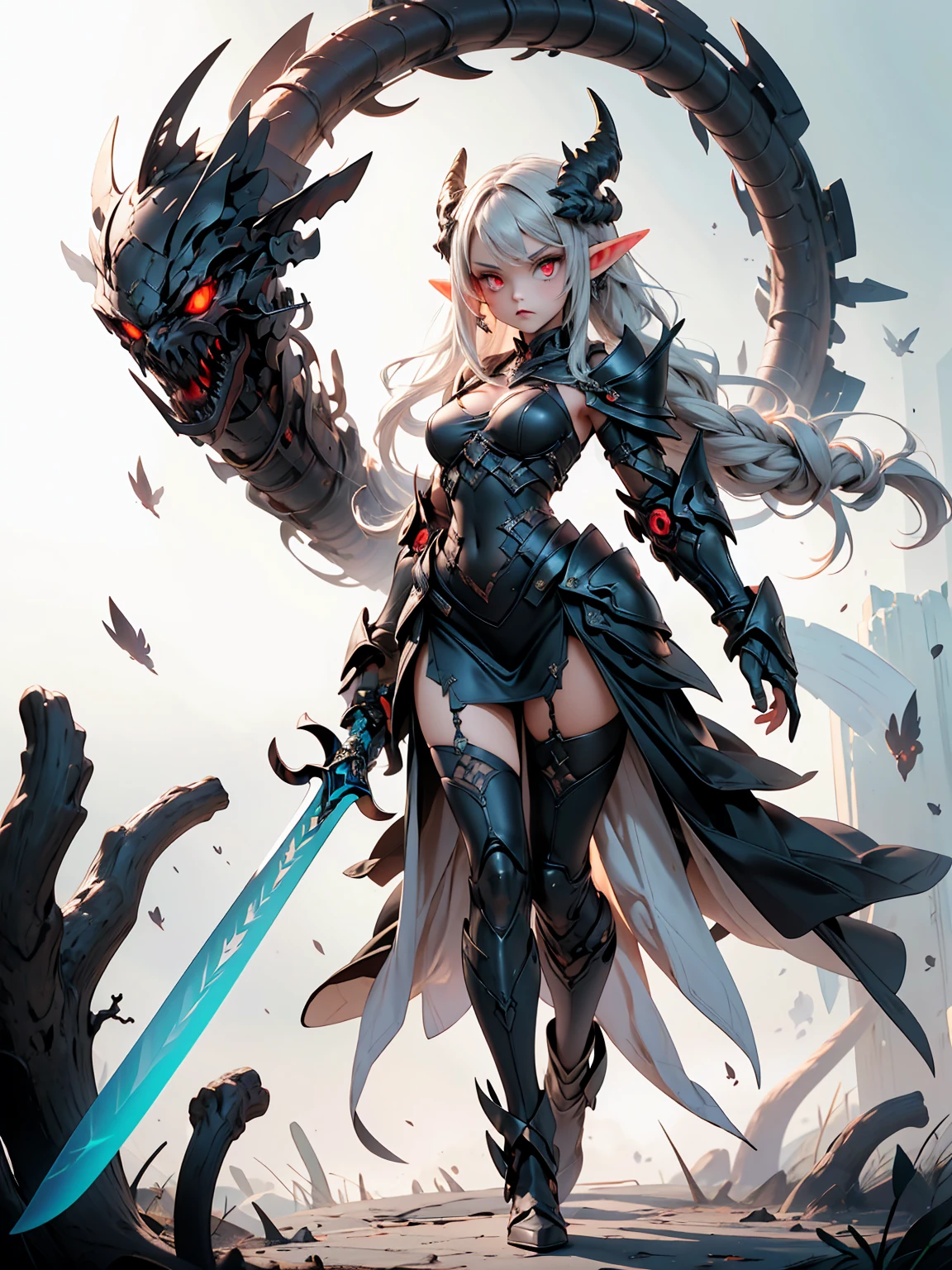 A stunning artwork of a fierce demonic elf standing in a cursed forest. The full-body view showcases her in dark armor, exuding an aura of malevolent grace and unyielding power. Her long, flowing dark gray hair frames a face of eerie beauty, highlighted by red eyes that glow with otherworldly menace. She holds a cursed sword, intricately designed and radiating dark energy, adding to her formidable presence. The scenery around her is a twisted, shadowy forest with gnarled trees and glowing red eyes peering from the darkness. Mist and sinister shadows enhance the ominous atmosphere, creating a scene of haunting dread.