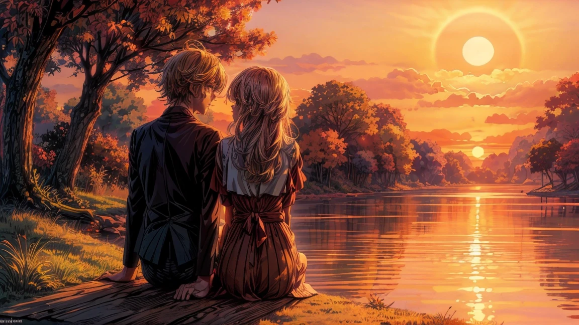 there are two people standing under a tree looking at the water, watching the sun set. anime, with sunset, with a sunset, warm beautiful scene, looking at sunset, gorgeous romantic sunset, beautiful anime scene, watching the sunset, at sunrise, at a beautiful sunset, in the sunset, 🍁 cute, at sunset in autumn, goldenhour, the most beautiful scene