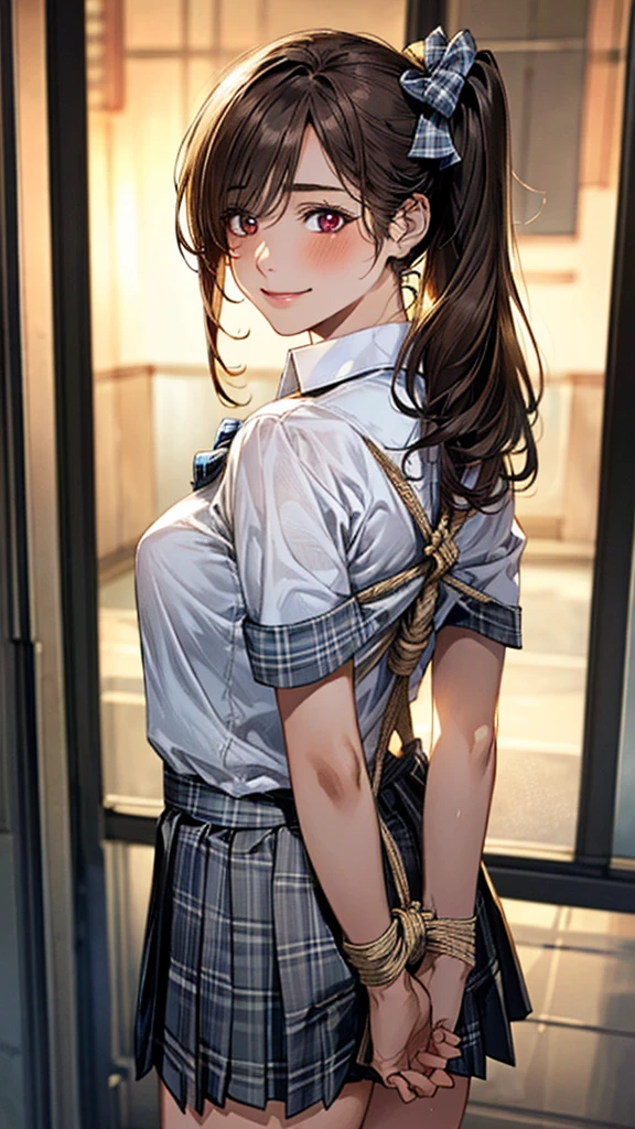 (masterpiece:1.2, top-quality), (realistic, photorealistic:1.4), beautiful illustration, (natural side lighting, movie lighting), nsfw:1.2,
beautiful hair, beautiful face, beautiful detailed eyes, beautiful clavicle, beautiful body, beautiful chest, beautiful thigh, beautiful legs, beautiful hands,
looking at viewer, (from behind), full body, 1 girl, japanese, high school girl, perfect face, perfect eyes, cute and symmetrical face, suntan, shiny skin, white skin, slender,
(long hair:1.5, side ponytail:1.4, brown hair), hair over one eye:1.4, maroon eyes, long eye lasher, (medium breasts),
((collared short sleeve shirt, white shirt, , grey plaid pleated skirt, blue plaid bow tie), wrist chakra), white panties,
(((shibari over clothes, arms behind back)), bondage, shibari:1.5, bound arms, bound breasts),
(beautiful scenery), daytime, (standing), (lovely smile, upper eyes),