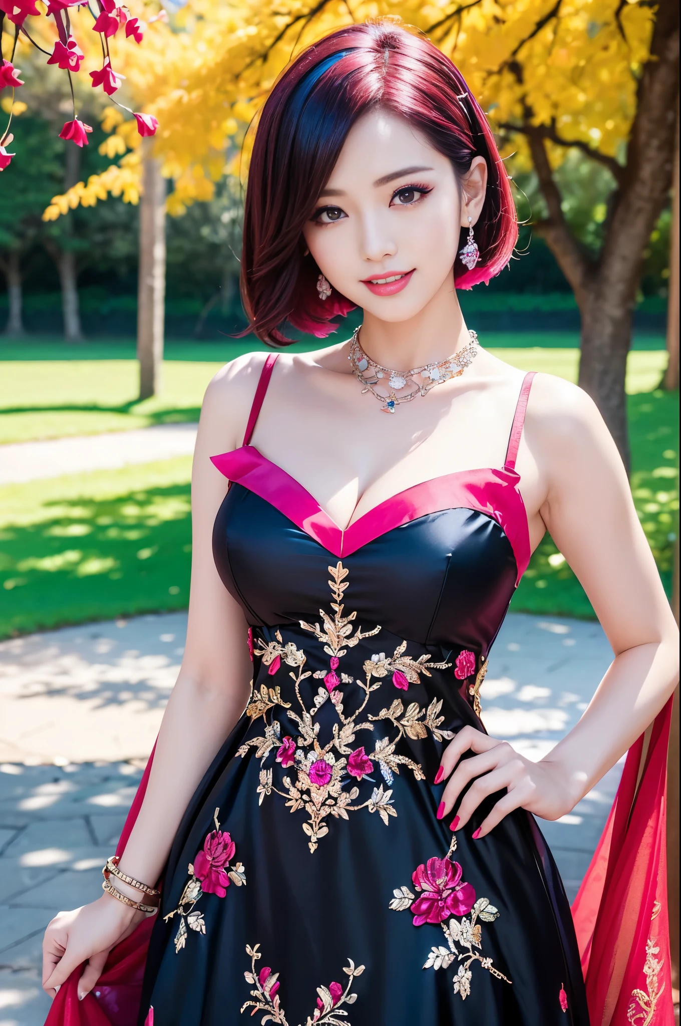 (masterpiece:1.4), (best quality:1.4), ultra high res, ultra high resolution, ((detailed facial features)), HDR, (realistic, photorealistic, photo-realistic:1.37), full body Esbian, sexy Vietnamese model, (-anime), vivid colors, ((vivid colors multicolor (red, fuchsia) very short hair)), (big smile), lip-gloss, long lashes, ultra detailed metallic makeup, defined eyebrows, wearing large sparkling colorful jewelery, wearing a red silk Paradise Kiss cosplay dress with black floral embroidery, ((vivid colors outfit)), vivid colors, look at the camera, cinematic light, large park background with trees, sweet and sexy pose
