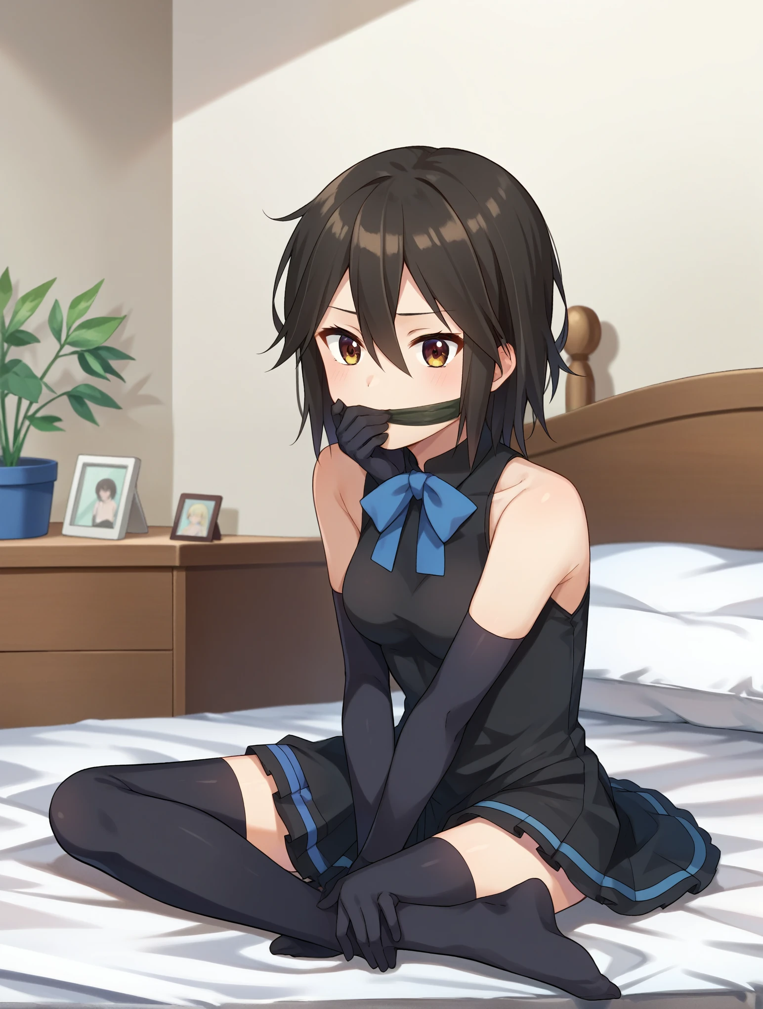 score_9, score_8_up, score_7_up, score_6_up, score_5_up, score_4_up, BREAK
InabaHimeko, 1girl, thighhighs, solo, dress, gloves, black dress, elbow gloves, black gloves, on bed, hand to own mouth, sitting, two-sided skirt, bed, looking at viewer, black thighhighs, sitting on bed, bare shoulders, sleeveless, hair between eyes, sleeveless dress, wariza, two-sided fabric, breasts, ribbon, hand between legs, no shoes, between legs, indoors, seiza, cloth gagged erotic,