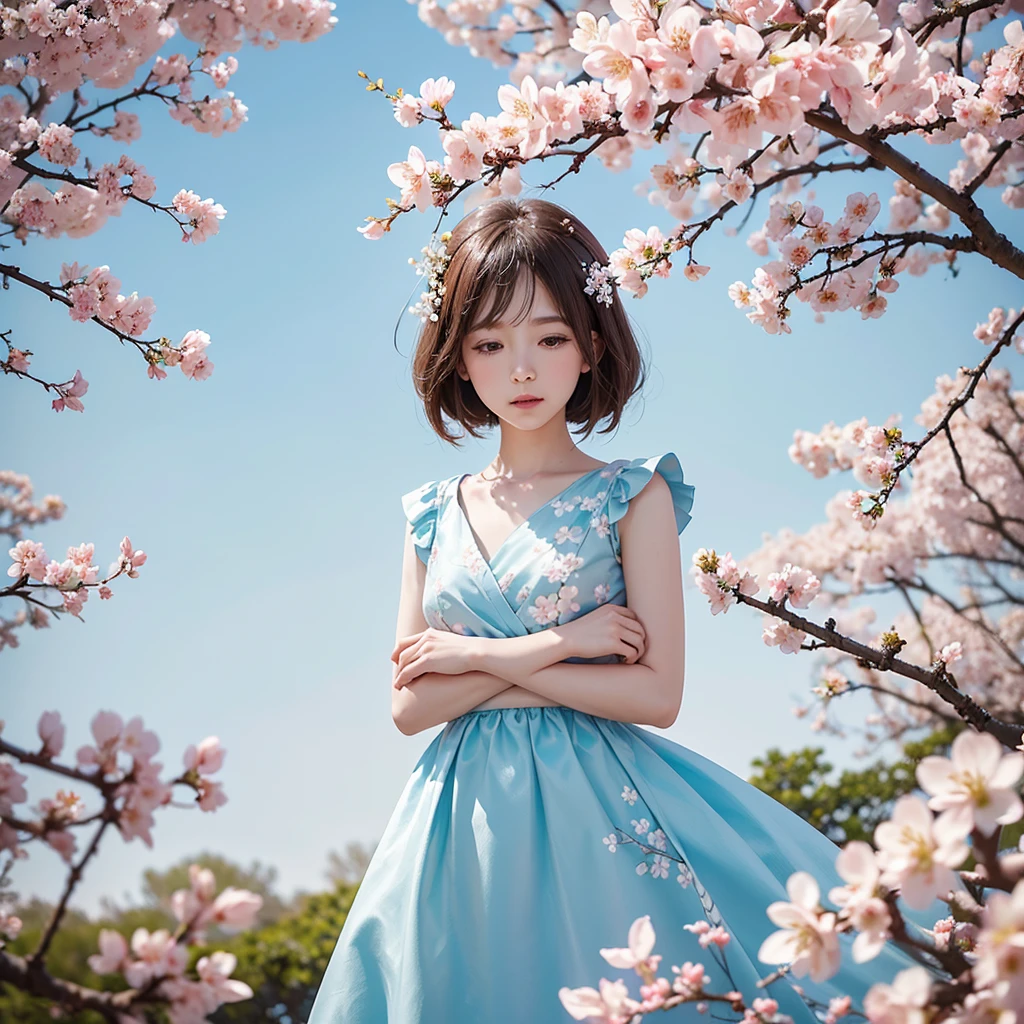Branches of blossoming cherry macro with soft focus on gentle light blue sky background in sunlight with copy space. Beautiful floral image of spring nature panoramic view., generative ai