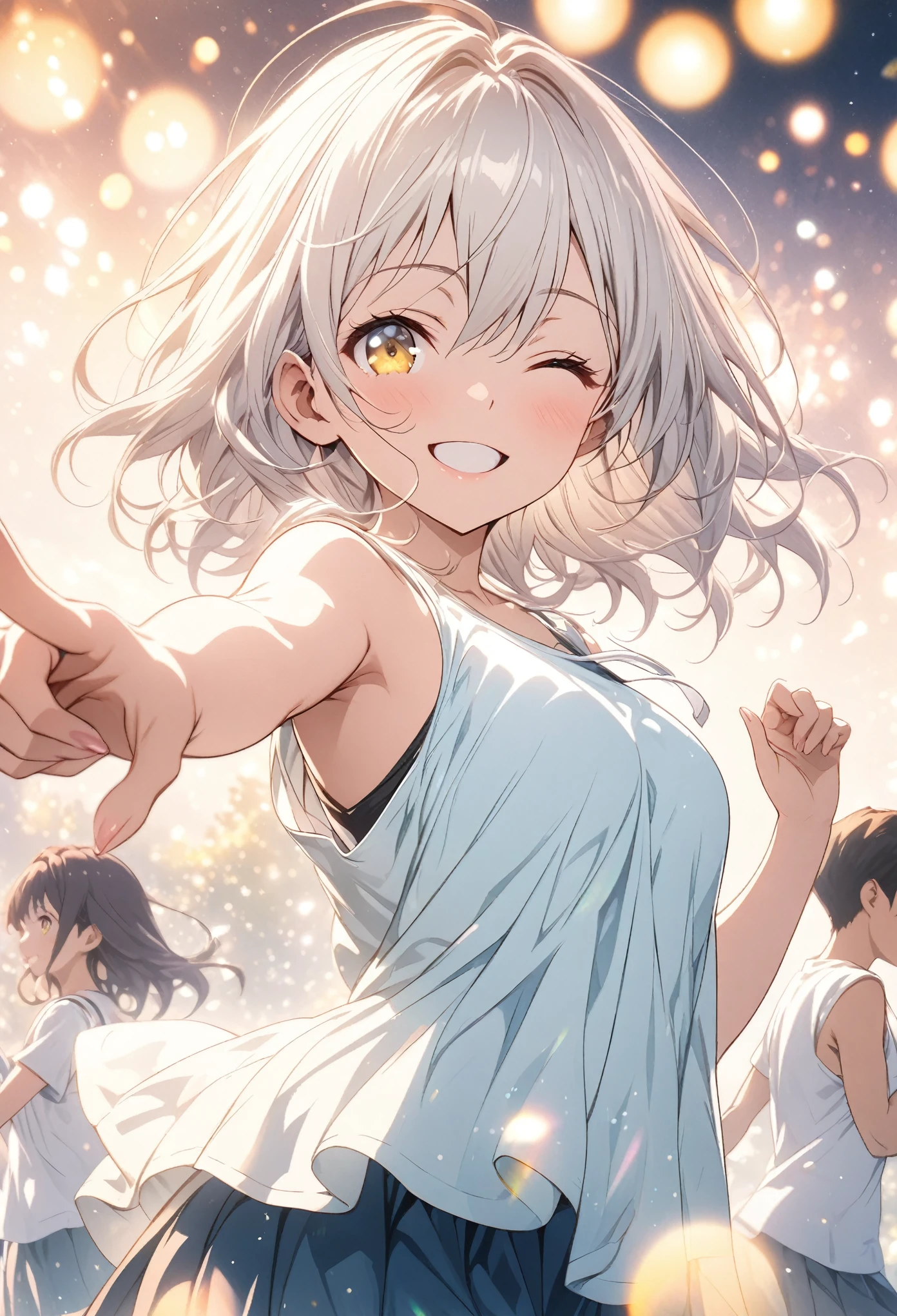 masterpiece, Highest quality, Highly detailed CG Unity 8K wallpapers, High School Girl Anime Illustration. Wear an oversized tank top, Koi Dance, Pointing the index fingers of both hands, she has her eyes closed and mouth open, smile. The background is a light pastel colored landscape.., white hair color, Yellow Eyes, bokeh photography, (soft focus):1.2, out-of-focus highlights, dreamy ambiance, glowing circles, mesmerizing depth, The background is a realistic landscape