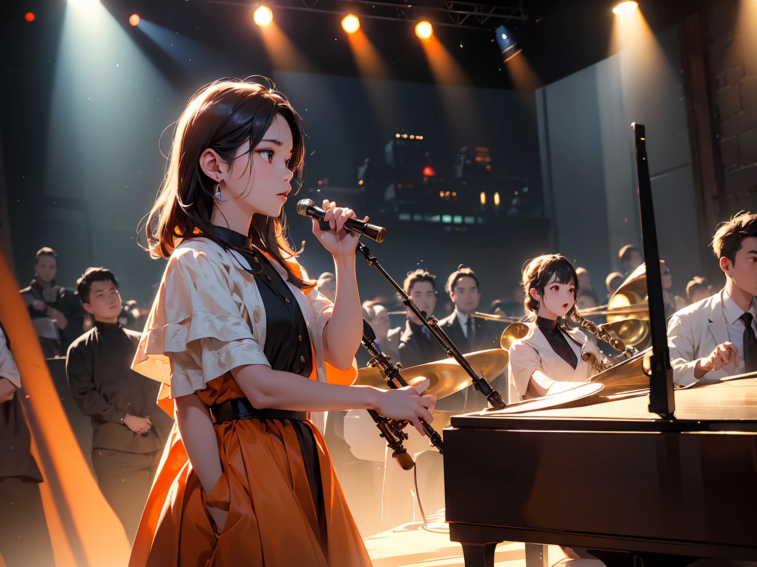 8k、masterpiece, Highest quality, Ultra-high resolution, Highest Resolution, Professional Lighting, Orange lighting、(((Realistic portrayal)))、Backlight、(((Dark Stage)))、(((new york)))、(((Small jazz performance stage)))、Spotlight、Antique lighting、indoor、Dim lighting、Nobody is here