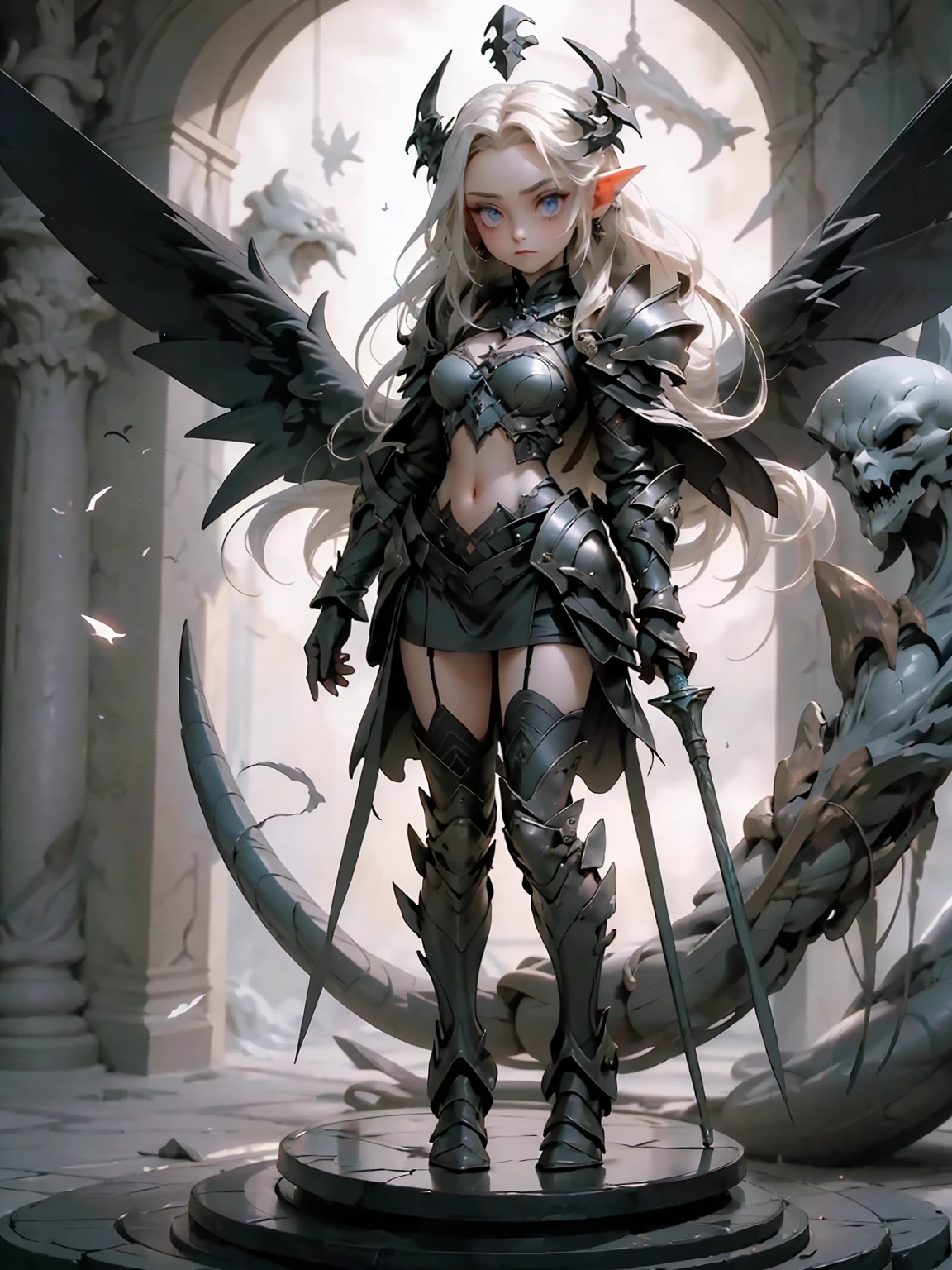 ((full body shot)) of a girl in detailed black gothic battle armor, standing in a completely dark environment. She has long white hair and glowing red eyes, with black angel wings, tattoos, and piercings. Her battle armor is intricately designed, revealing her bellybutton. She is holding a glowing orb of energy in her hands, which emits a soft, ethereal light. Surrounding her are numerous small lights in shades of {blue|purple}, casting a faint glow similar to candlelight. The only illumination comes from the orb and the particles around her. The atmosphere is {mysterious|otherworldly}, with a misty haze drifting around her feet. The ground beneath her is reflective, creating a mirrored effect that adds to the surreal ambiance. Subtle textures of ancient, worn stones and creeping vines can be seen in the background, hinting at a hidden, gothic castle. The scene is quiet and enigmatic, with her face partially obscured by the hood, her eyes focused intently on the luminous orb. She holds an intricately designed staff made of wood with metallic parts and embedded jewels.

[Best quality], [Masterpiece], [Ultra-detailed], [4k], {serene|intense} atmosphere, gothic castle, {dynamic pose|relaxed pose}, complete darkness, {soft shadows|dramatic lighting}, {reflected light on the ground:0.7}, {misty haze:0.6}, {glowing plants:0.5}, {creeping vines:0.4}, {ancient stones:0.3}.