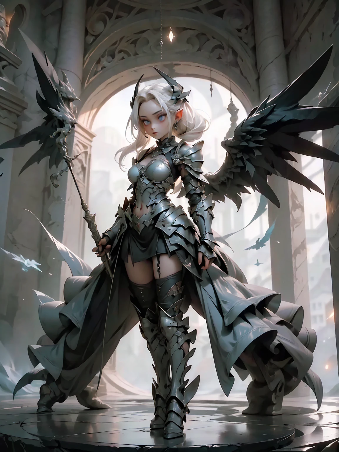 ((full body shot)) of a girl in detailed black gothic battle armor, standing in a completely dark environment. She has long white hair and glowing red eyes, with black angel wings, tattoos, and piercings. Her battle armor is intricately designed, revealing her bellybutton. She is holding a glowing orb of energy in her hands, which emits a soft, ethereal light. Surrounding her are numerous small lights in shades of {blue|purple}, casting a faint glow similar to candlelight. The only illumination comes from the orb and the particles around her. The atmosphere is {mysterious|otherworldly}, with a misty haze drifting around her feet. The ground beneath her is reflective, creating a mirrored effect that adds to the surreal ambiance. Subtle textures of ancient, worn stones and creeping vines can be seen in the background, hinting at a hidden, gothic castle. The scene is quiet and enigmatic, with her face partially obscured by the hood, her eyes focused intently on the luminous orb. She holds an intricately designed staff made of wood with metallic parts and embedded jewels.

[Best quality], [Masterpiece], [Ultra-detailed], [4k], {serene|intense} atmosphere, gothic castle, {dynamic pose|relaxed pose}, complete darkness, {soft shadows|dramatic lighting}, {reflected light on the ground:0.7}, {misty haze:0.6}, {glowing plants:0.5}, {creeping vines:0.4}, {ancient stones:0.3}.