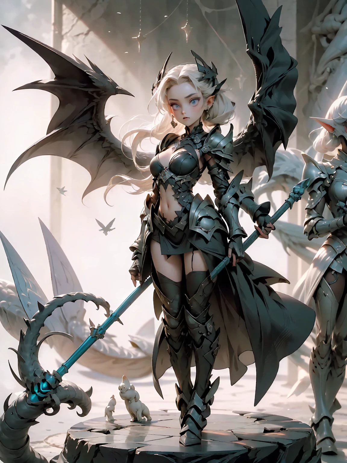 ((full body shot)) of a girl in detailed black gothic battle armor, standing in a completely dark environment. She has long white hair and glowing red eyes, with black angel wings, tattoos, and piercings. Her battle armor is intricately designed, revealing her bellybutton. She is holding a glowing orb of energy in her hands, which emits a soft, ethereal light. Surrounding her are numerous small lights in shades of {blue|purple}, casting a faint glow similar to candlelight. The only illumination comes from the orb and the particles around her. The atmosphere is {mysterious|otherworldly}, with a misty haze drifting around her feet. The ground beneath her is reflective, creating a mirrored effect that adds to the surreal ambiance. Subtle textures of ancient, worn stones and creeping vines can be seen in the background, hinting at a hidden, gothic castle. The scene is quiet and enigmatic, with her face partially obscured by the hood, her eyes focused intently on the luminous orb. She holds an intricately designed staff made of wood with metallic parts and embedded jewels.

[Best quality], [Masterpiece], [Ultra-detailed], [4k], {serene|intense} atmosphere, gothic castle, {dynamic pose|relaxed pose}, complete darkness, {soft shadows|dramatic lighting}, {reflected light on the ground:0.7}, {misty haze:0.6}, {glowing plants:0.5}, {creeping vines:0.4}, {ancient stones:0.3}.