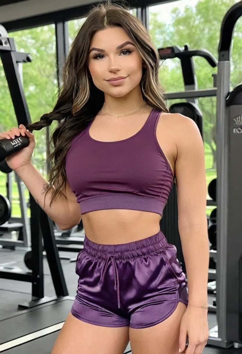 (((high quality:1.2))), Work of art, (8k), extremely detailed, ((High detail:1.2)) ((best resolution)), (Hotlexi woman), (Kenzie Reeves), Solo, ((24 years old brunette female)), (crop top, plum gym shorts), (standing, close),