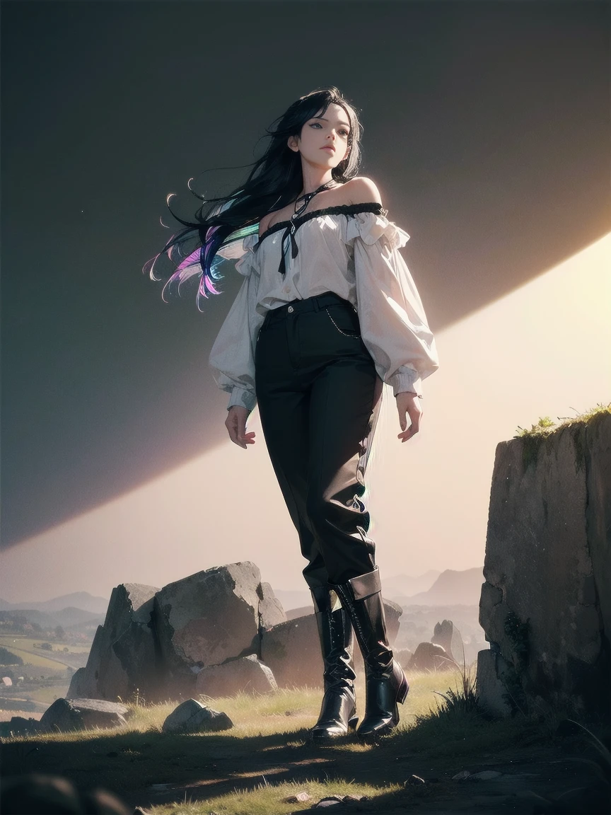 30-year-old woman, long black hair, serious, black eyes, wears old-fashioned clothing, black baggy pants, black boots, white blouse with long sleeves and exposed shoulders, powers of darkness, dark background. 8k, high quality, full body, (ultra-realistic), {extremely detailed 8k CG unit wallpaper}, expansive landscape photograph, (a view from below showing the grandeur of the character, wide open field view), (light: 2.0), (warm light source: 1.5), complex details, (iridescent colors: 1.5), (bright lighting), (atmospheric lighting), surreal, impressive, fantasy, (Solo: 1.2)