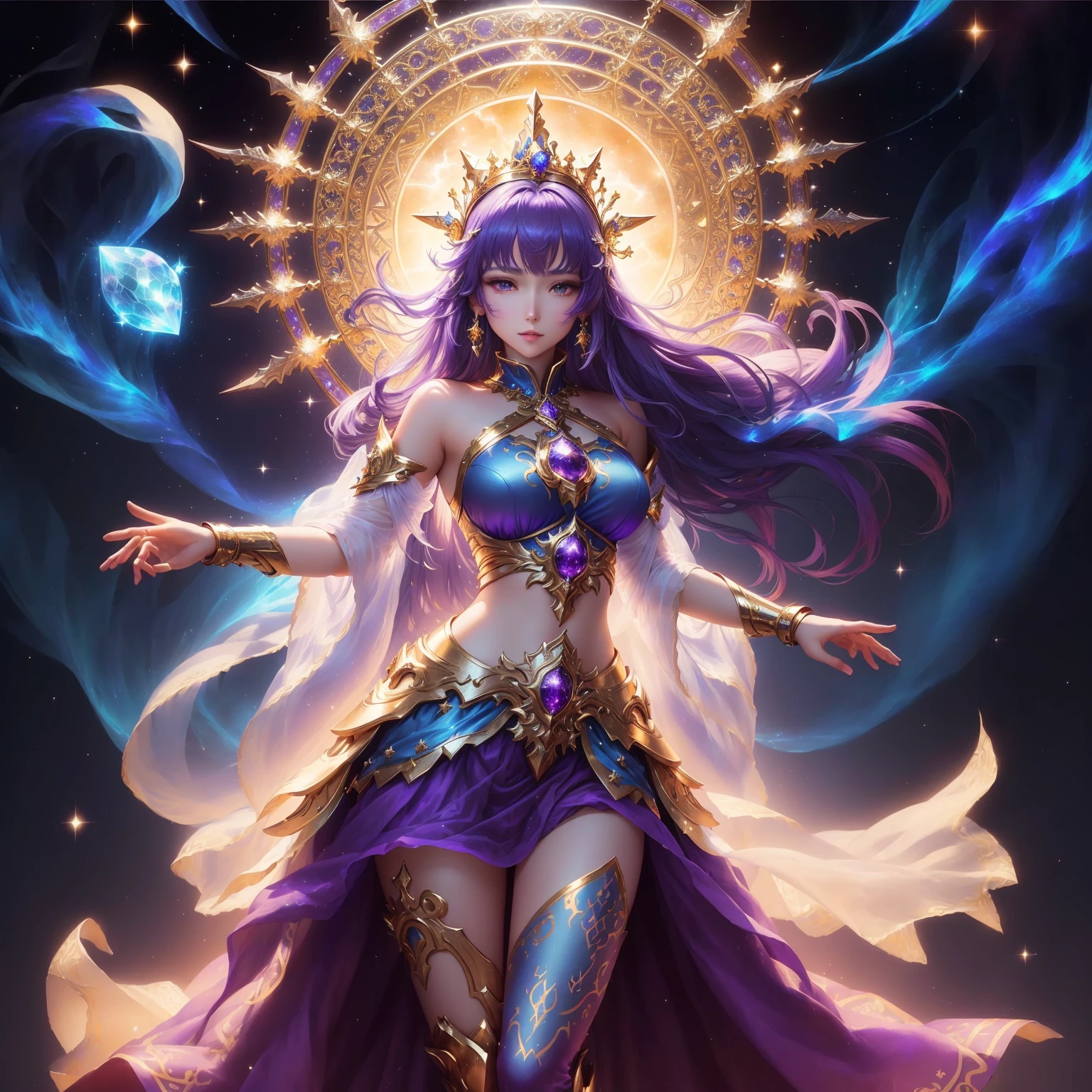 A woman in a purple dress has a blue and gold crown on her head., beautiful heavenly mage, goddess of heaven, Goddess of the Galaxy, Fantasy anime artwork, image of knight of the zodiac, anime goddess, Goddess of the universe, Beautiful Fantasy Empress, Doesn&#39;t exist like a star, A very detailed RTM pathogen., Masterpiece of the Goddess of Sorrow, fantasy anime illustration, Goddess of Light, beautiful goddess leo