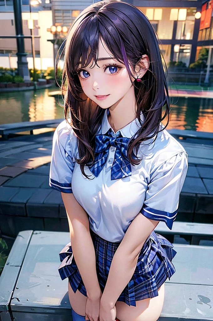 (masterpiece:1.2, Highest quality), (Realistic, photoRealistic:1.4), Beautiful illustrations, (Natural Side Lighting, Cinema Lighting), View your viewers, Cowboy Shot, Front view:0.6, 1 girl, Japanese, high school girl, Perfect Face, Cute and symmetrical face, Glowing Skin, (Mid-length hair:1.5, short hair:1.4, Purple Hair), Parted bangs, Light blue eyes, Long eyelashes, (Large Breasts:0.9, Thick thighs), Beautiful Hair, Beautiful Face, Beautiful attention to detail, Beautiful clavicle, Beautiful body, Beautiful breasts, Beautiful thighs, Beautiful feet, Beautiful fingers, ((White short sleeve shirt, Blue checked pleated mini skirt, socks, Brown Loafers, Blue checked bow tie)), Pink Panties, (Beautiful views), evening, River side, walk, Place your hand on your chest, (Cute smile )