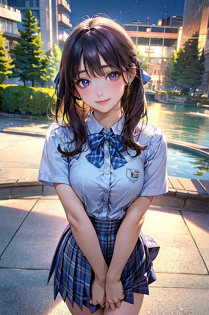 (masterpiece:1.2, Highest quality), (Realistic, photoRealistic:1.4), Beautiful illustrations, (Natural Side Lighting, Cinema Lighting), View your viewers, Cowboy Shot, Front view:0.6, 1 girl, Japanese, high school girl, Perfect Face, Cute and symmetrical face, Glowing Skin, (Mid-length hair:1.5, short hair:1.4, Purple Hair), Parted bangs, Light blue eyes, Long eyelashes, (Large Breasts:0.9, Thick thighs), Beautiful Hair, Beautiful Face, Beautiful attention to detail, Beautiful clavicle, Beautiful body, Beautiful breasts, Beautiful thighs, Beautiful feet, Beautiful fingers, ((White short sleeve shirt, Blue checked pleated mini skirt, socks, Brown Loafers, Blue checked bow tie)), Pink Panties, (Beautiful views), evening, River side, walk, Place your hand on your chest, (Cute smile )