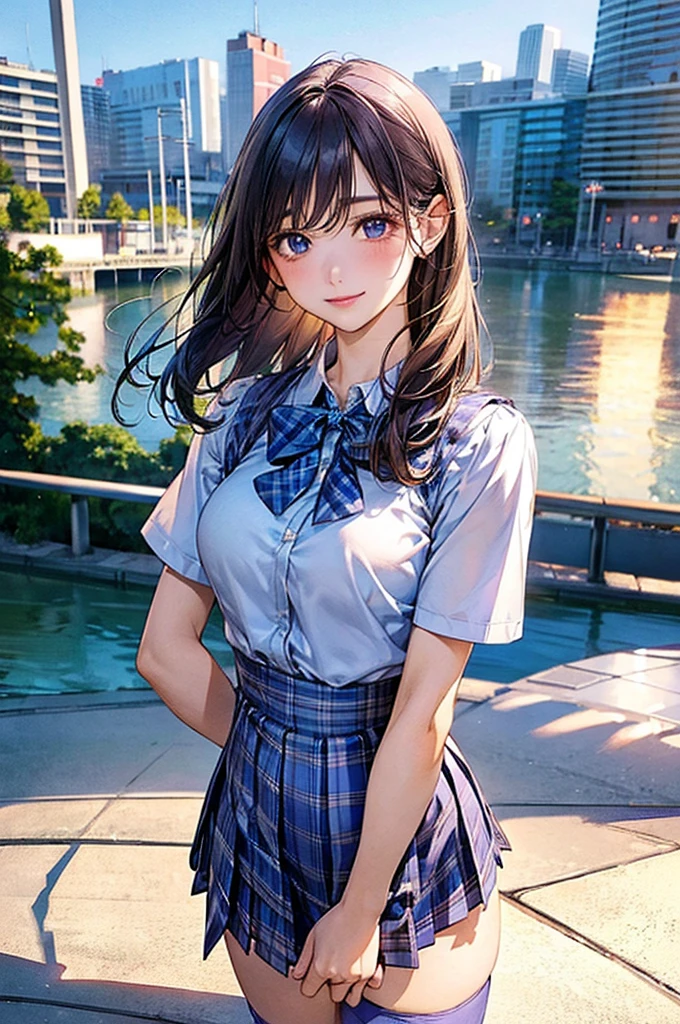 (masterpiece:1.2, Highest quality), (Realistic, photoRealistic:1.4), Beautiful illustrations, (Natural Side Lighting, Cinema Lighting), View your viewers, Cowboy Shot, Front view:0.6, 1 girl, Japanese, high school girl, Perfect Face, Cute and symmetrical face, Glowing Skin, (Mid-length hair:1.5, short hair:1.4, Purple Hair), Parted bangs, Light blue eyes, Long eyelashes, (Large Breasts:0.9, Thick thighs), Beautiful Hair, Beautiful Face, Beautiful attention to detail, Beautiful clavicle, Beautiful body, Beautiful breasts, Beautiful thighs, Beautiful feet, Beautiful fingers, ((White short sleeve shirt, Blue checked pleated mini skirt, socks, Brown Loafers, Blue checked bow tie)), Pink Panties, (Beautiful views), evening, River side, walk, Place your hand on your chest, (Cute smile )