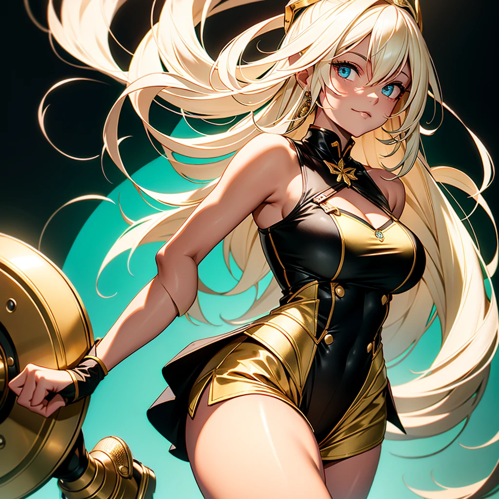 young girl, longue blonde hair, Hairpin with a bundle, turquoise eyes, red tight uniform, Sleeveless, Wide neckline on the chest to the abdomen, Gold Elements, Shorts, smirk, elegant shoes, Masterpiece, hiquality, 4k, HD, Good details fullbody view, full body overview 