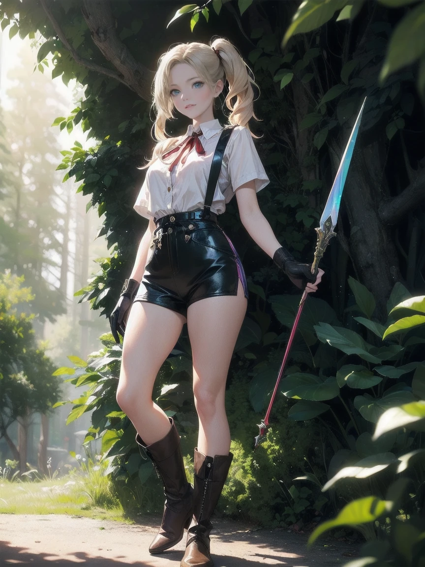 30-year-old woman, blonde hair in pigtails, green eyes, tender and smiling expression, long explorer-style shorts with beige suspenders, short-sleeved white blouse, red ribbon in her hair, beige leather gloves, dark beige, in forest leather boots that reach mid-calf, her weapons are two daggers she carries at her waist. 8k, high quality, full body, (ultra-realistic), {extremely detailed 8k CG unit wallpaper}, expansive landscape photograph, (a view from below showing the grandeur of the character, wide open field view), (light: 2.0), (warm light source: 1.5), complex details, (iridescent colors: 1.5), (bright lighting), (atmospheric lighting), surreal, impressive, fantasy, (Solo: 1.2)