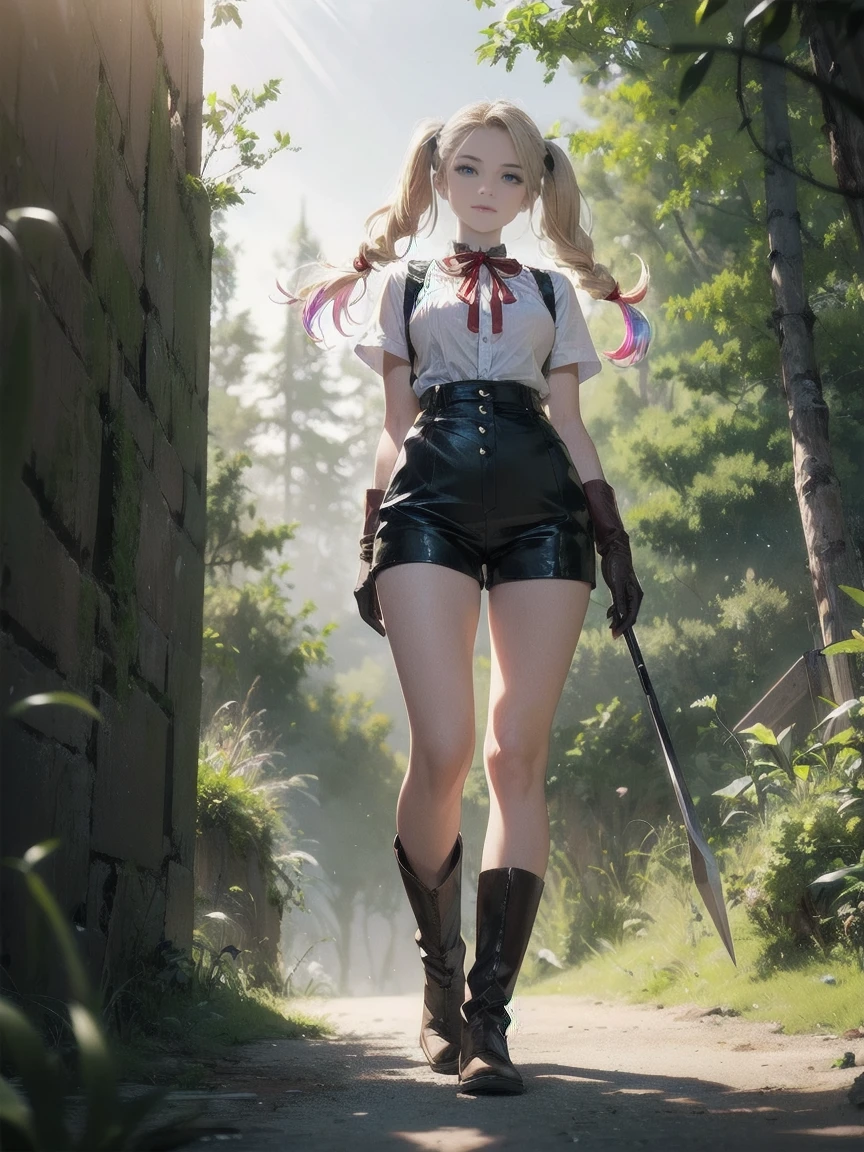 30-year-old woman, blonde hair in pigtails, green eyes, tender and smiling expression, long explorer-style shorts with beige suspenders, short-sleeved white blouse, red ribbon in her hair, beige leather gloves, dark beige, in forest leather boots that reach mid-calf, her weapons are two daggers she carries at her waist. 8k, high quality, full body, (ultra-realistic), {extremely detailed 8k CG unit wallpaper}, expansive landscape photograph, (a view from below showing the grandeur of the character, wide open field view), (light: 2.0), (warm light source: 1.5), complex details, (iridescent colors: 1.5), (bright lighting), (atmospheric lighting), surreal, impressive, fantasy, (Solo: 1.2)