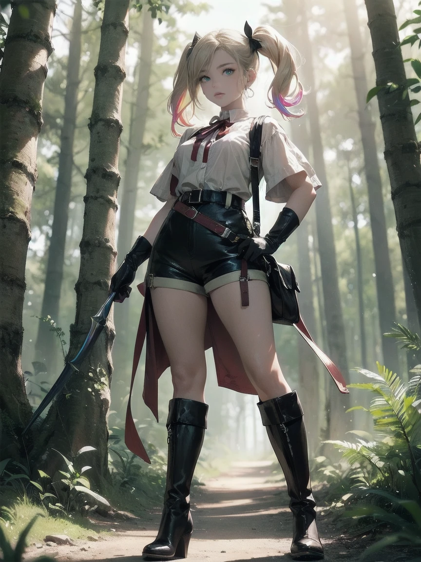 30-year-old woman, blonde hair in pigtails, green eyes, tender and smiling expression, long explorer-style shorts with beige suspenders, short-sleeved white blouse, red ribbon in her hair, beige leather gloves, dark beige, in forest leather boots that reach mid-calf, her weapons are two daggers she carries at her waist. 8k, high quality, full body, (ultra-realistic), {extremely detailed 8k CG unit wallpaper}, expansive landscape photograph, (a view from below showing the grandeur of the character, wide open field view), (light: 2.0), (warm light source: 1.5), complex details, (iridescent colors: 1.5), (bright lighting), (atmospheric lighting), surreal, impressive, fantasy, (Solo: 1.2)
