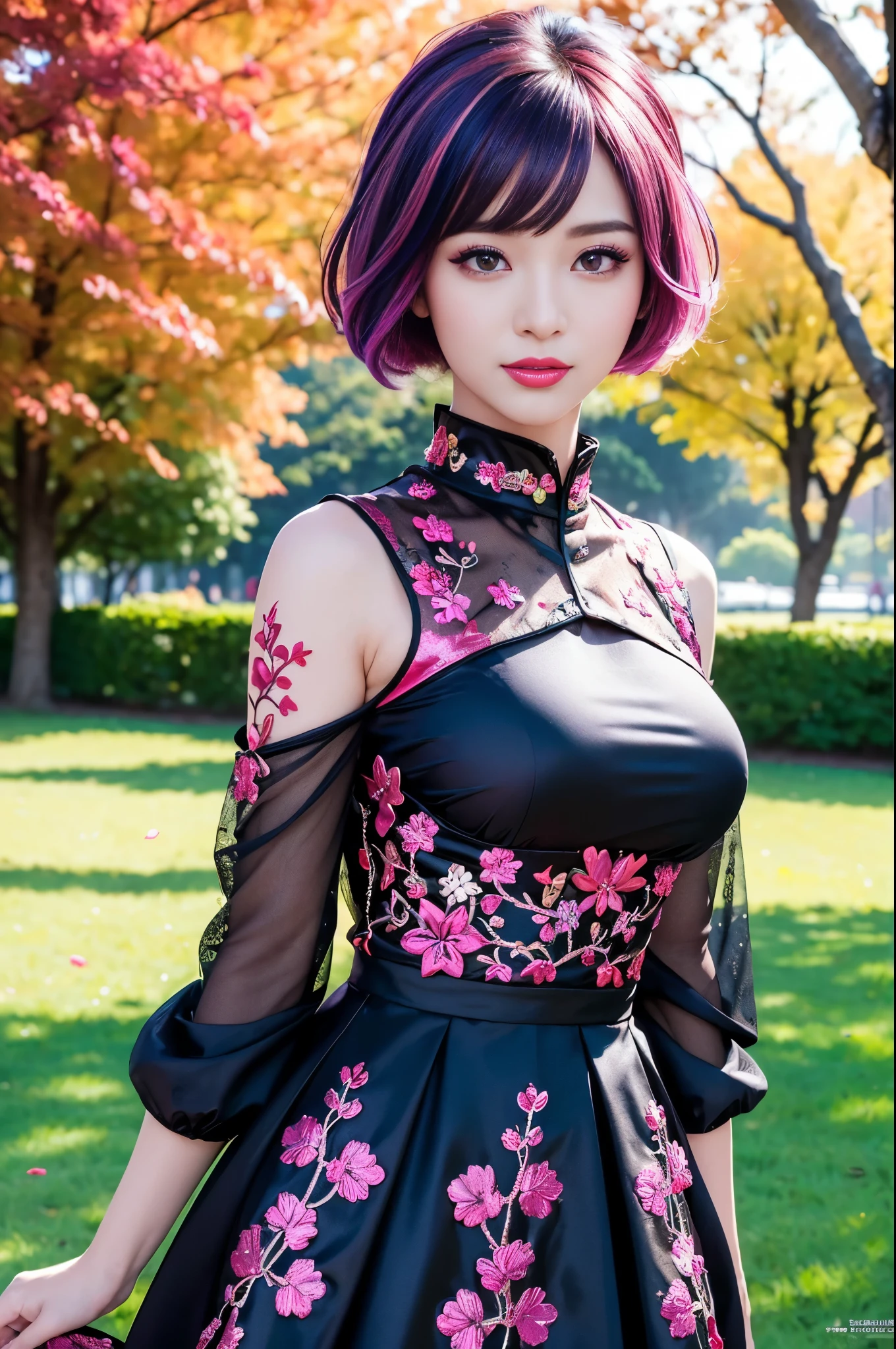 (masterpiece:1.4), (best quality:1.4), ultra high res, ultra high resolution, ((detailed facial features)), HDR, (realistic, photorealistic, photo-realistic:1.37), full body Esbian, sexy Indonesian model, (-anime), only 1 model, vivid colors, ((vivid colors multicolor (fuchsia, pink, light blue, purple) very short hair)), (big smile), lip-gloss, long lashes, ultra detailed metallic makeup, defined eyebrows, wearing a red silk Paradise Kiss cosplay dress with black floral embroidery, ((vivid colors outfit)), vivid colors, look at the camera, cinematic light, large park background with trees, sweet and sexy pose
