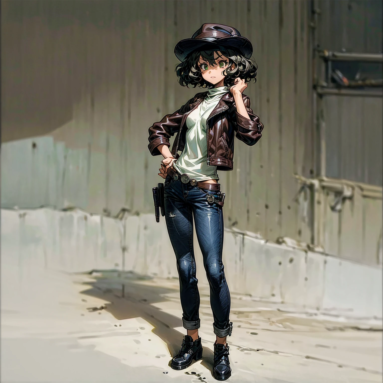 Solo, (), full body version, Grassroots, background in outdoor town, tan skin, black hair, short Curly haircut, green eyes, Brown leather jacket, long jeans, black shoes, hat Baretta, standing gesture, revolver in hand 