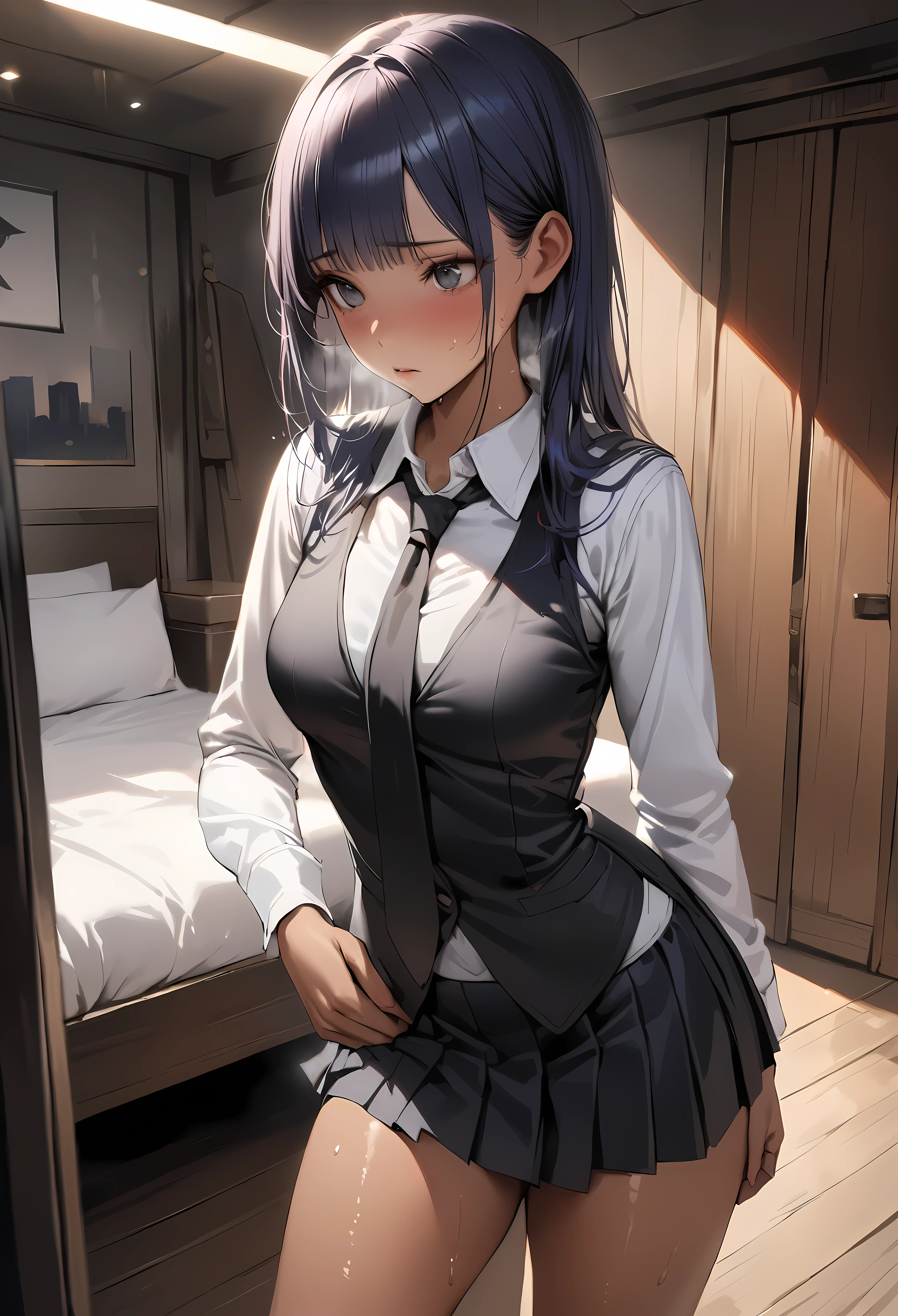 ((masterpiece,Highest quality:1.3,best quality illustration)),realistic,cowboy shot,1woman,(20 year old beauty),((very small head:1.3)),ideal ratio body proportions,dark blue hair,straight long hair,bangs,black eyes,gorgeous big eyes,sad,Heavy breathing、((tan skin,skinny)),(Black vest、Black tie、White collared shirt、Long sleeve、Black pleated mini skirt)),medium breasts,gleaming skin,slender body,sweat,standing,Simple bedroom,Shinjuku、Tokyo、