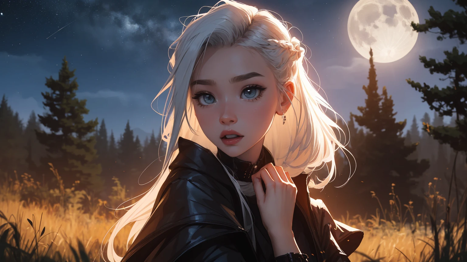 masterpiece, Best quality, 1 girl,((​masterpiece)), (best quality),,(Dark Elf Witch), the face of Zendaya:Dua Lipa, pointy ears, grey skin, white hair, (High Top Fade Haircut), (a braid on one side of the head), ​masterpiece, dark forest in the background, Nebula, in the night time, Full moonlight, 8k, detailed digital art, Piercings., golden ratio composition, cowboy shot, brilliant, brilliant hair, (night:1.2),Dreamy, [[gentle fingers and hands:0.55]::0.85],(detailed fingers),),(emotional),(breathtaking),(main part:1.2) whole body.), (Anime Style), (Super Detailed), (brutal), (uhd, HDR), (8k), (High Resolution: 1.2), (Complex and Beautiful: 1.2)