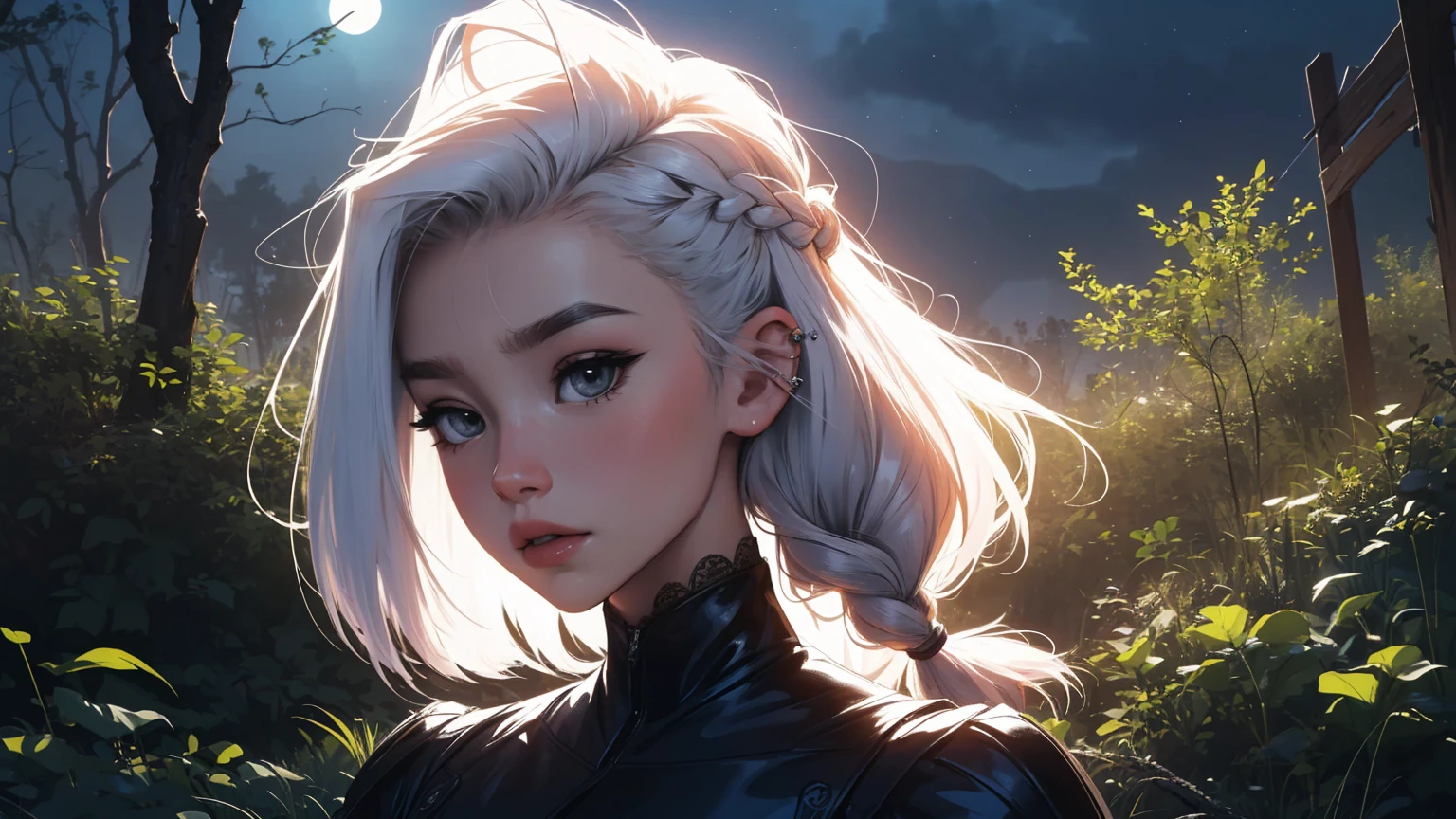 masterpiece, Best quality, 1 girl,((​masterpiece)), (best quality),,(Dark Elf Witch), the face of Zendaya:Dua Lipa, pointy ears, grey skin, white hair, (High Top Fade Haircut), (a braid on one side of the head), ​masterpiece, dark forest in the background, Nebula, in the night time, Full moonlight, 8k, detailed digital art, Piercings., golden ratio composition, cowboy shot, brilliant, brilliant hair, (night:1.2),Dreamy, [[gentle fingers and hands:0.55]::0.85],(detailed fingers),),(emotional),(breathtaking),(main part:1.2) whole body.), (Anime Style), (Super Detailed), (brutal), (uhd, HDR), (8k), (High Resolution: 1.2), (Complex and Beautiful: 1.2)