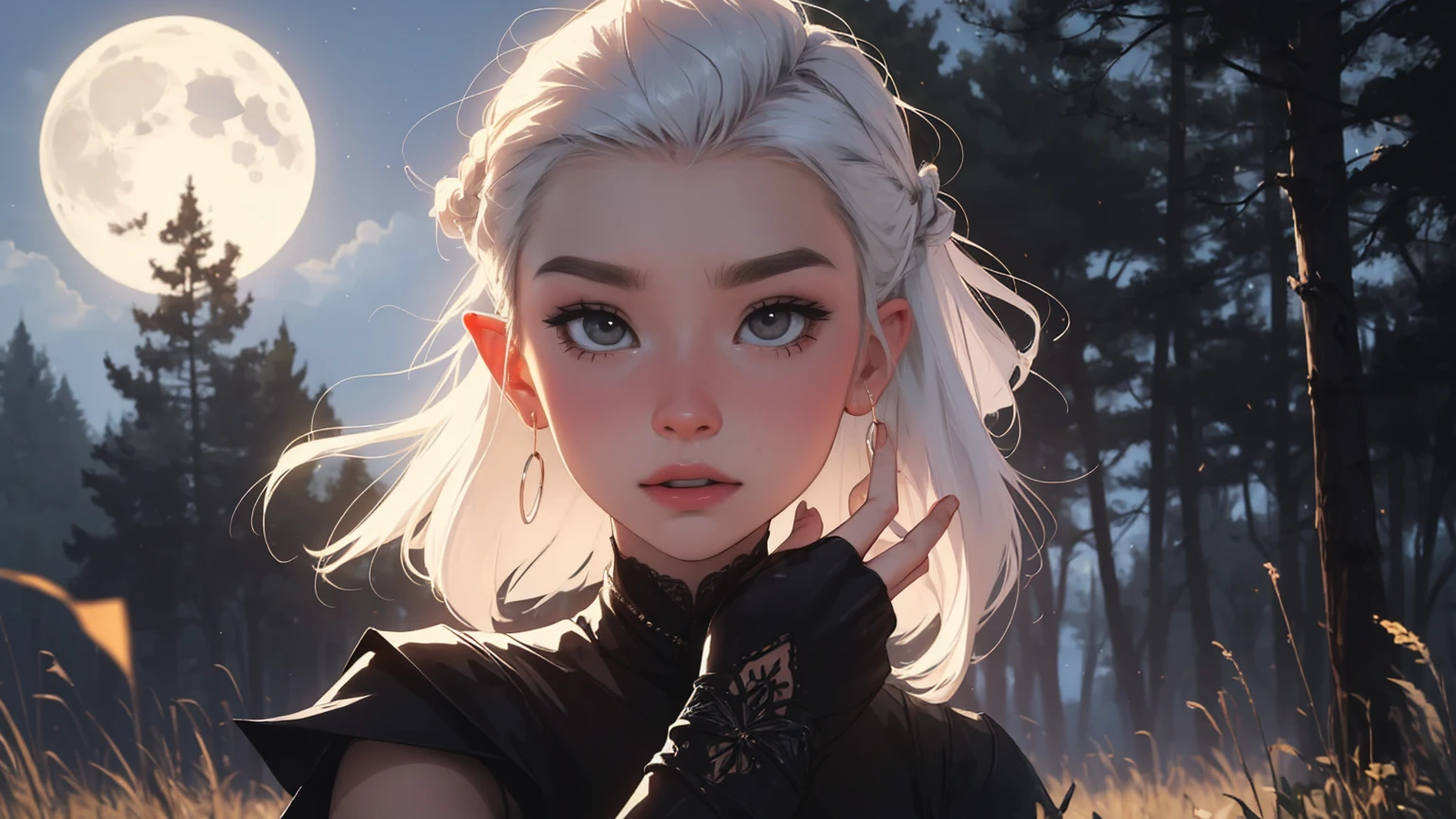 masterpiece, Best quality, 1 girl,((​masterpiece)), (best quality),,(Dark Elf Witch), the face of Zendaya:Dua Lipa, pointy ears, grey skin, white hair, (High Top Fade Haircut), (a braid on one side of the head), ​masterpiece, dark forest in the background, Nebula, in the night time, Full moonlight, 8k, detailed digital art, Piercings., golden ratio composition, cowboy shot, brilliant, brilliant hair, (night:1.2),Dreamy, [[gentle fingers and hands:0.55]::0.85],(detailed fingers),),(emotional),(breathtaking),(main part:1.2) whole body.), (Anime Style), (Super Detailed), (brutal), (uhd, HDR), (8k), (High Resolution: 1.2), (Complex and Beautiful: 1.2)