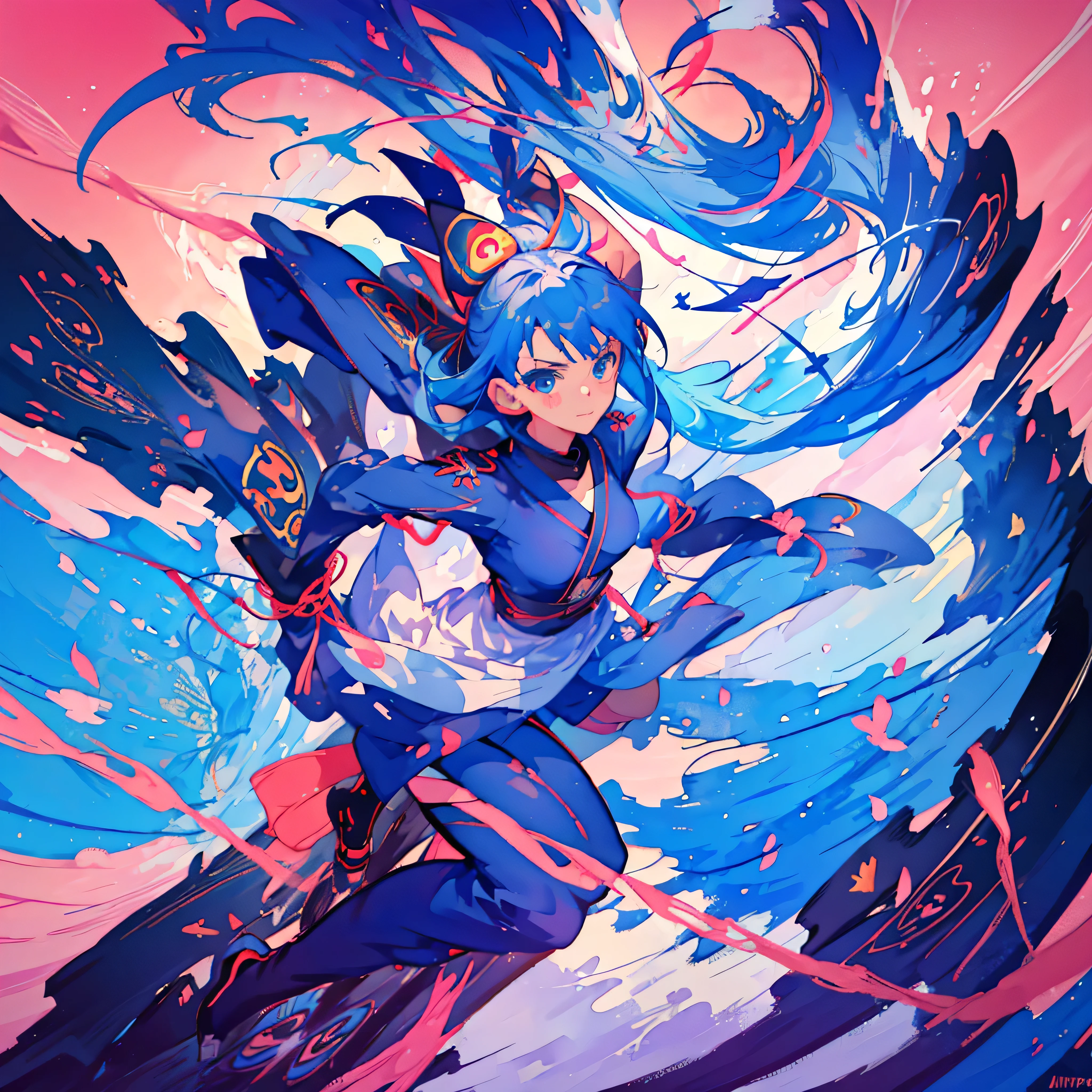 One Girl、ninja、Comic book style、Anime style illustrations、ninjaの服装、nice、cute、Beautiful Face、Tie your hair with a red ribbon、Beautiful sky blue hair、Have 3 shuriken、Hold the shuriken next to your face、Portraiture、watercolor、colorful、Brush painting art、Blue eyes、
