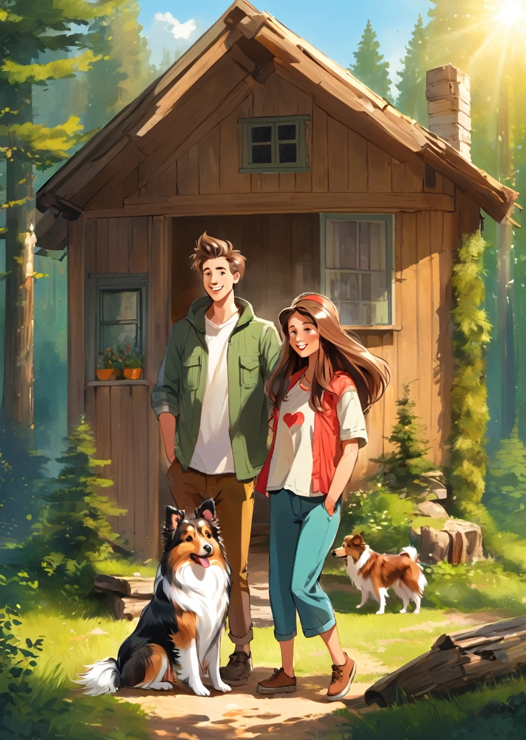 Forest cabin.
young couple. man Woman.
sheltie dog
joy
luck
chill
sun
love.
holiday