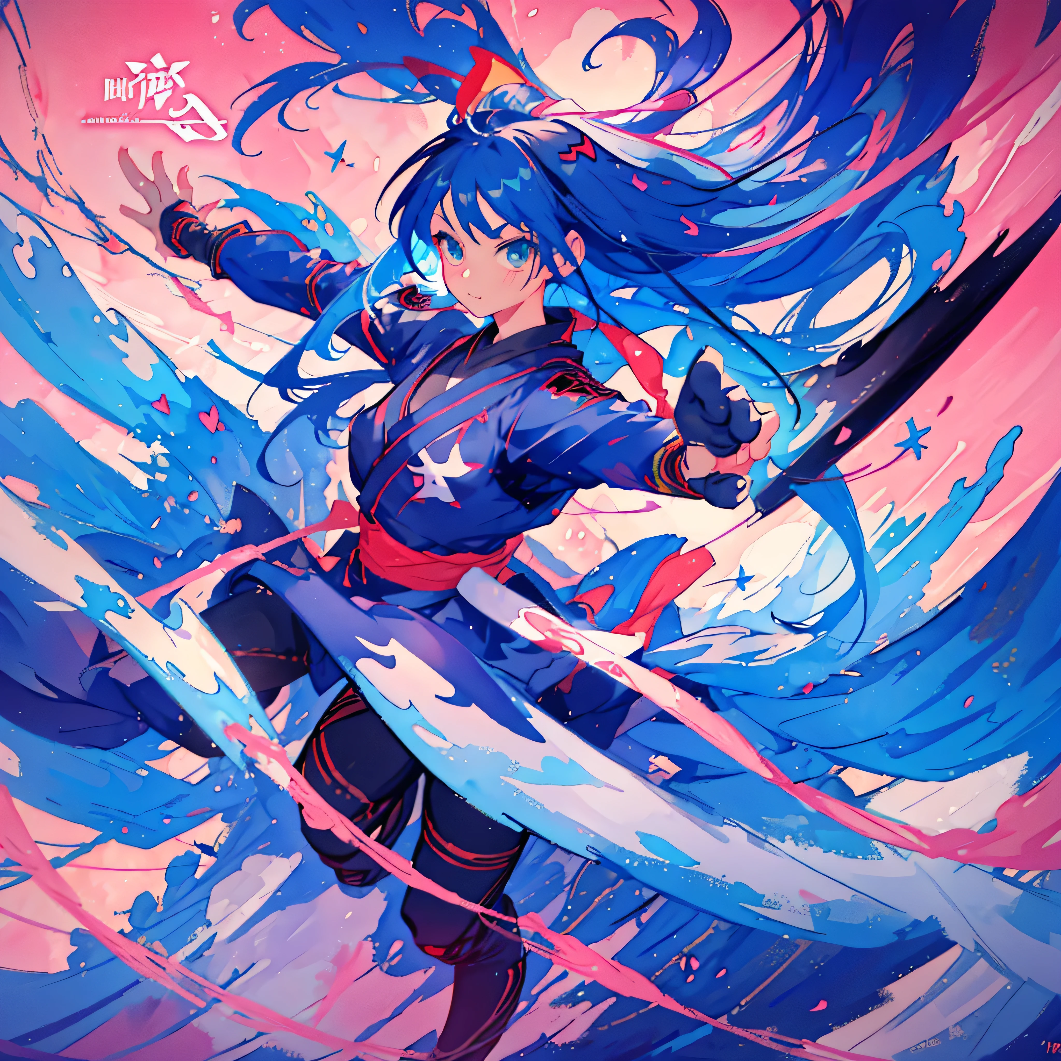 One Girl、ninja、Comic book style、Anime style illustrations、ninjaの服装、nice、cute、Beautiful Face、Tie your hair with a red ribbon、Beautiful sky blue hair、Have 3 shuriken、Hold the shuriken next to your face、Portraiture、watercolor、colorful、Brush painting art、Blue eyes、