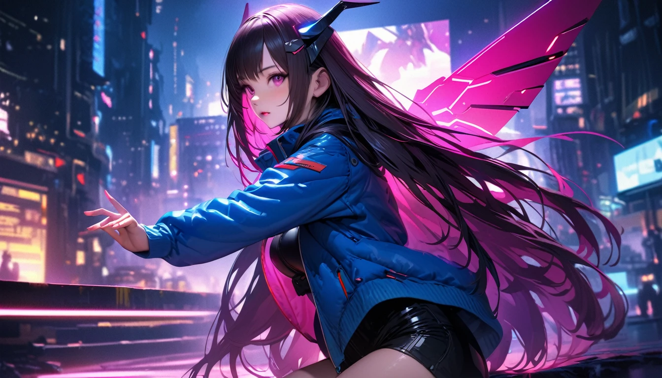 masterpiece, Best quality, 1 girl,photo, Studio photography, realistic:1.2, Cyberpunk girl with futuristic appearance, with mechanical wings and horns, sitting in a dynamic pose. She has dark hair with neon highlights, she is wearing a black outfit and a blue jacket.. The background is simple, Bright., Neon cityscape with blue and pink shades, emphasizing high technology, Sci-fi atmosphere. -- AR 3:4 --style 1000 --greater than 6、Wide buttocks、Эффект Тиндаллаmasuter piece、top quality、Highest standards、Highest image quality、Table、complex parts、a high resolution、depth of field、natural soft light、professional lighting、about, standing, very long hair, cowboy shot, brilliant, brilliant hair, (night:1.2),Dreamy, [[gentle fingers and hands:0.55]::0.85],(detailed fingers),),(emotional),(breathtaking),(main part:1.2) whole body.), (Anime Style), (Super Detailed), (brutal), (uhd, HDR), (8k), (High Resolution: 1.2), (Complex and Beautiful: 1.2)
